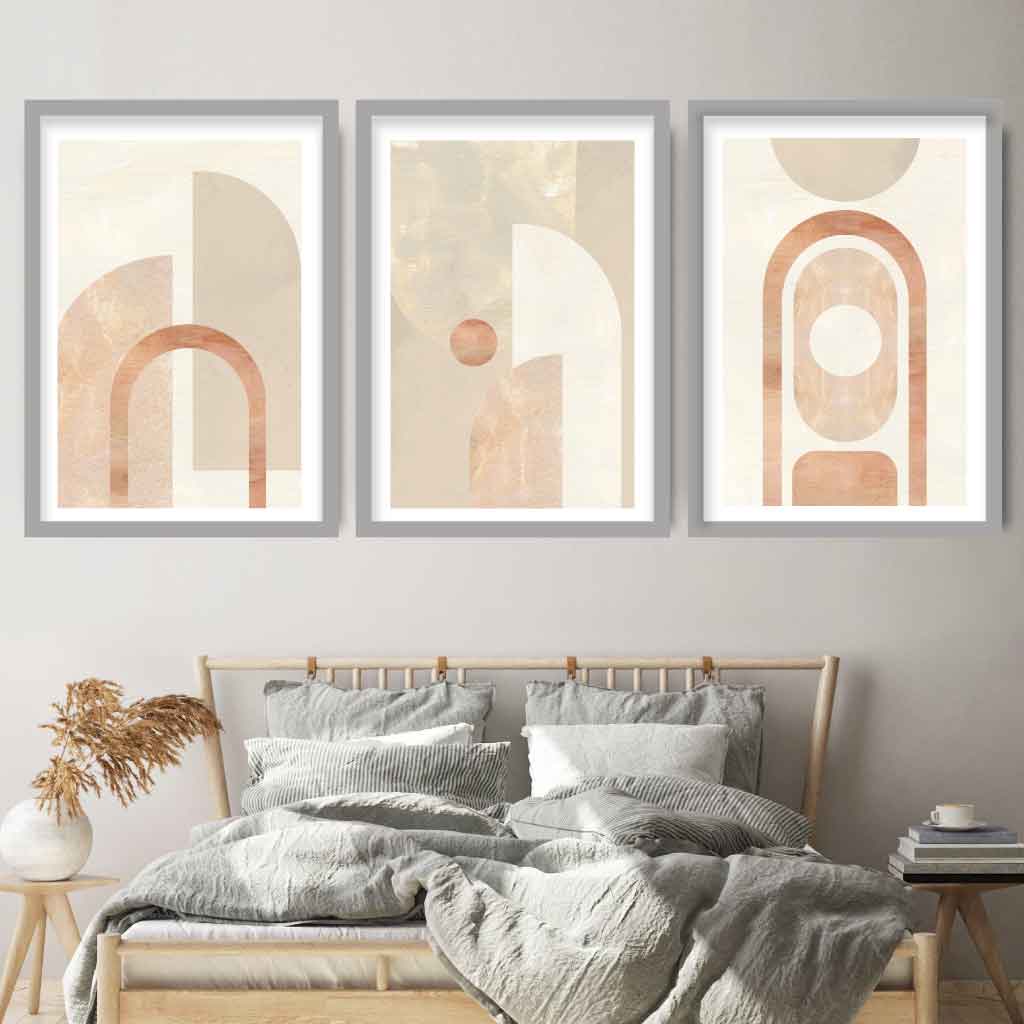 Geometric Line Art White and Beige 3 Piece Wall Art Prints