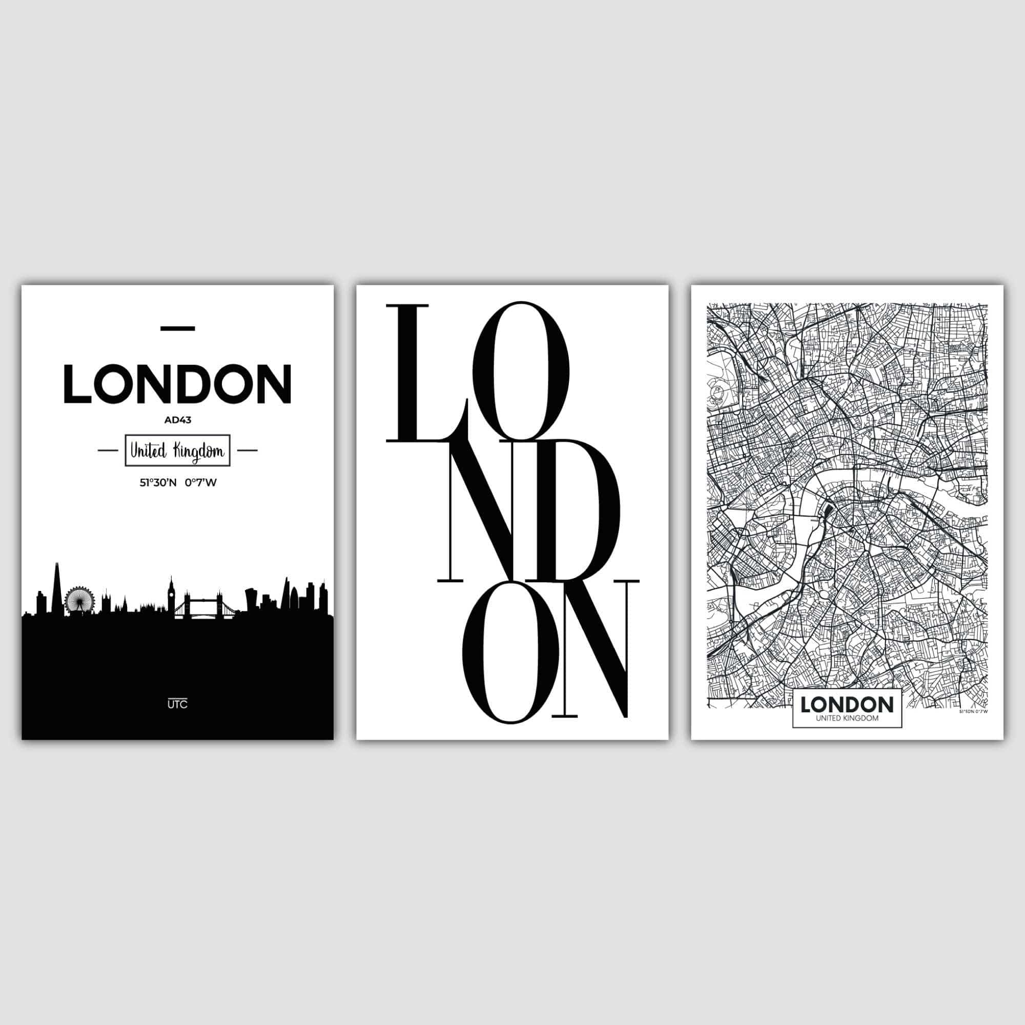 Set of 3 LONDON Skyline Street map City Prints