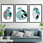GEOMETRIC set of 3 Teal Grey Orange Strawberry Lemon Fruit Kitchen Wall Art Prints