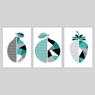 GEOMETRIC set of 3 Teal Grey Orange Strawberry Lemon Fruit Kitchen Wall Art Prints