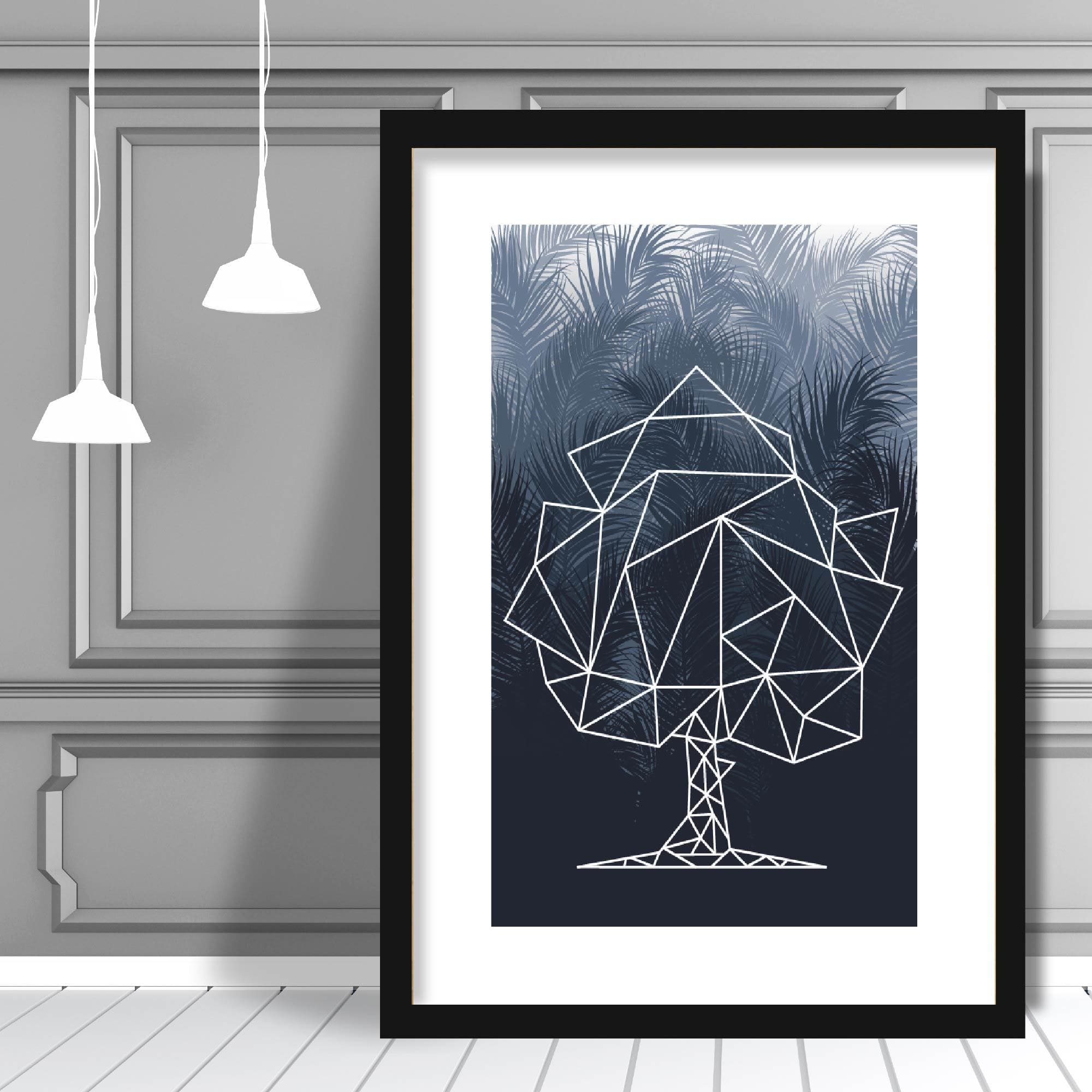 Geometric Tree with Navy Palms Art Print