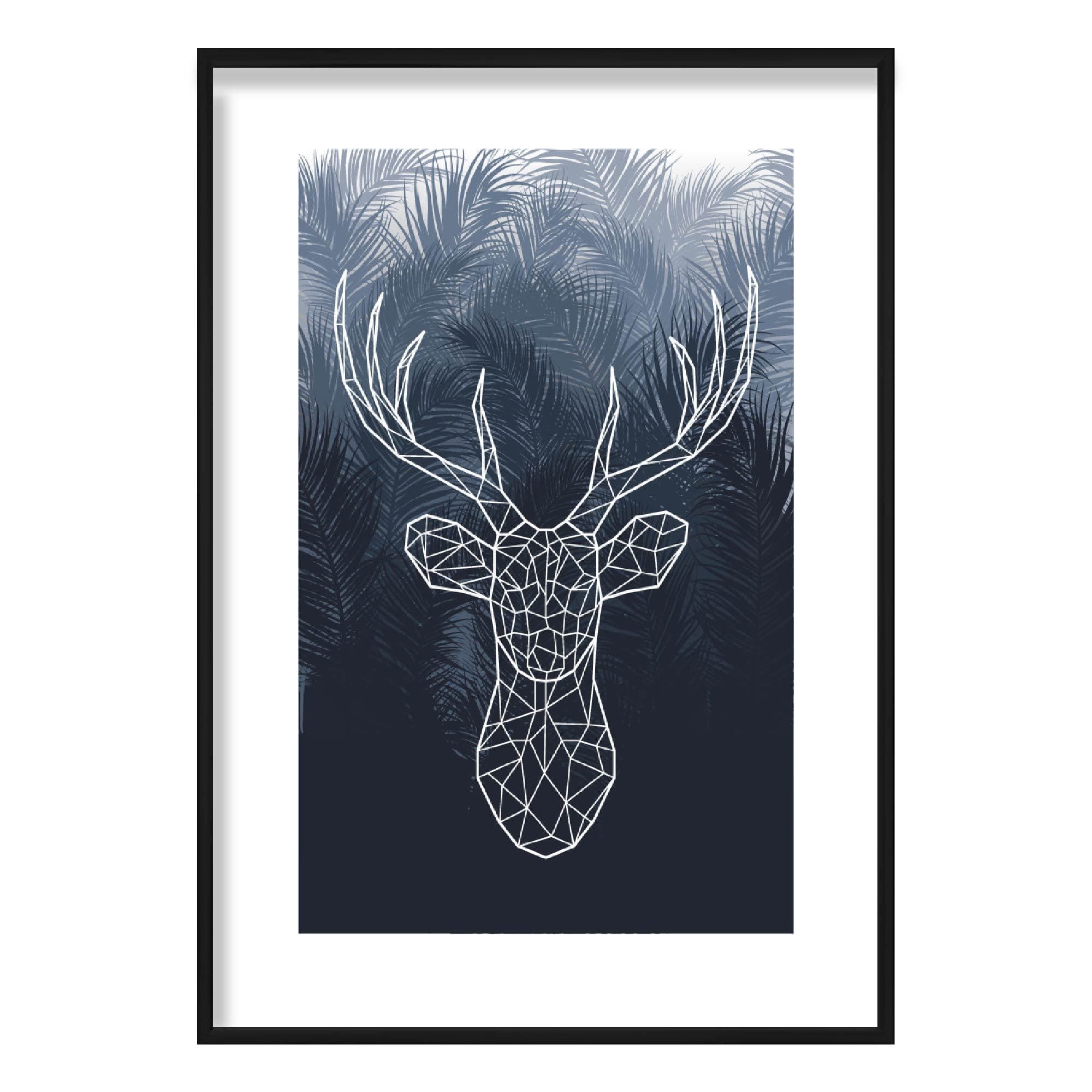 Geometric Stag Head with Navy Palms Art Print