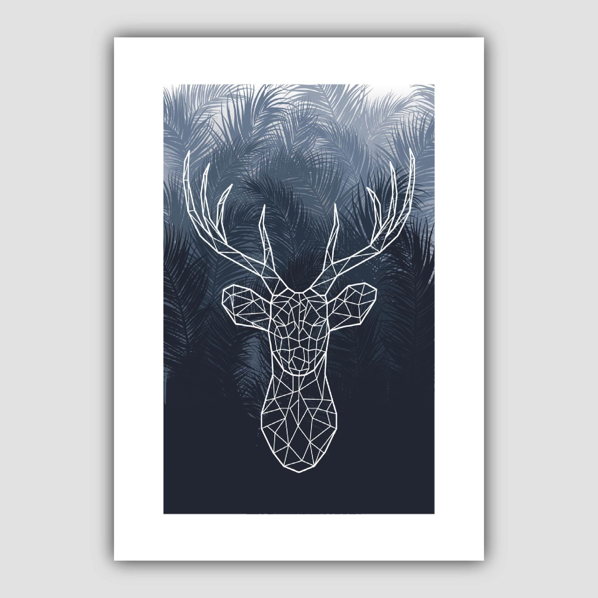 Geometric Stag Head with Navy Palms Art Print