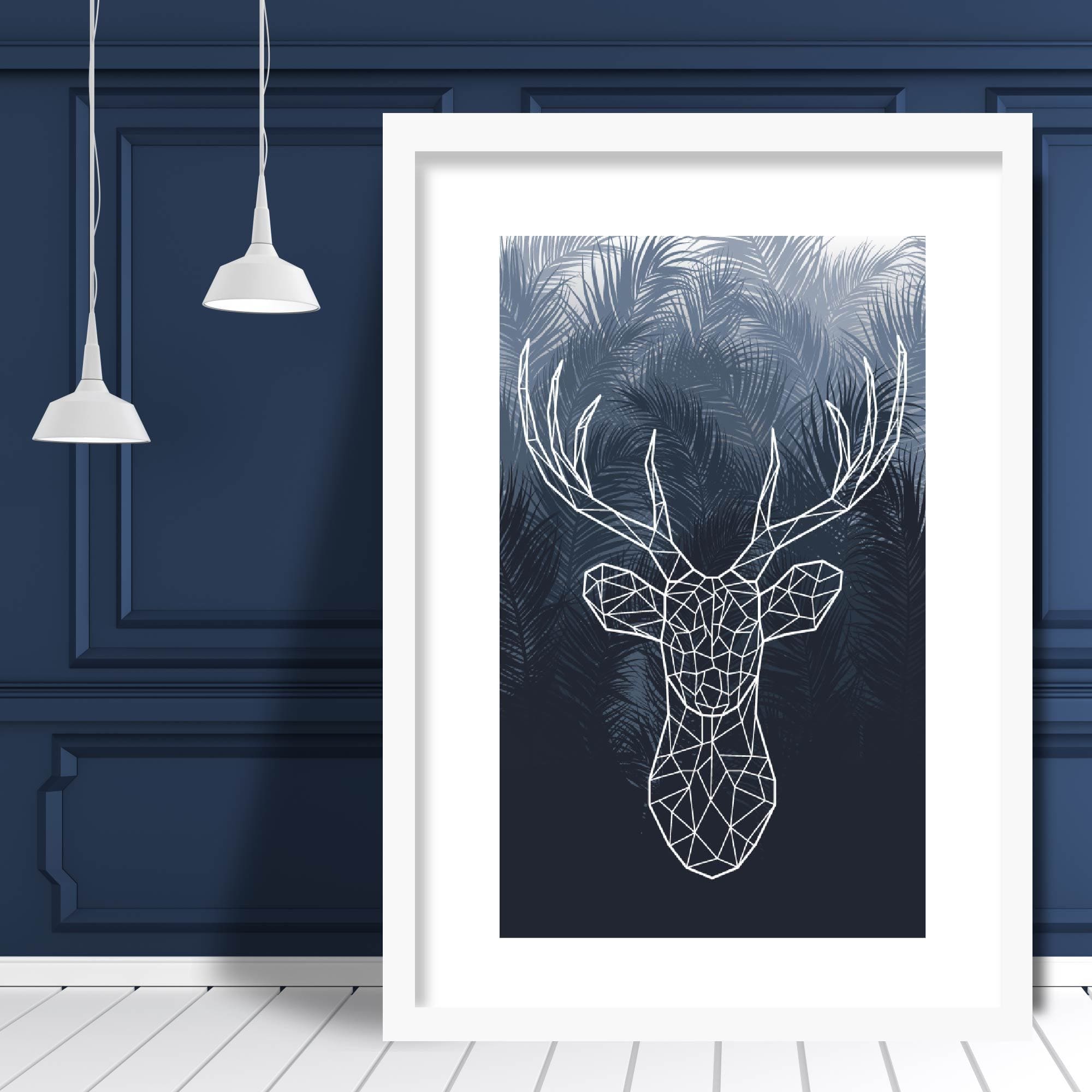 Geometric Stag Head with Navy Palms Art Print