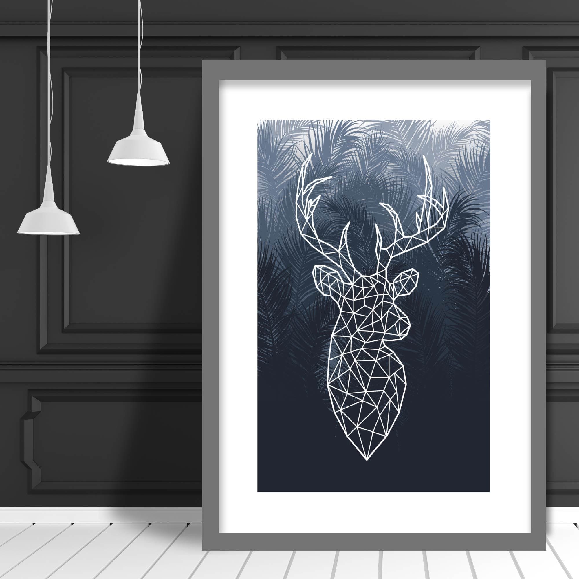 Stag Head with Navy Palms Geometric Art Print