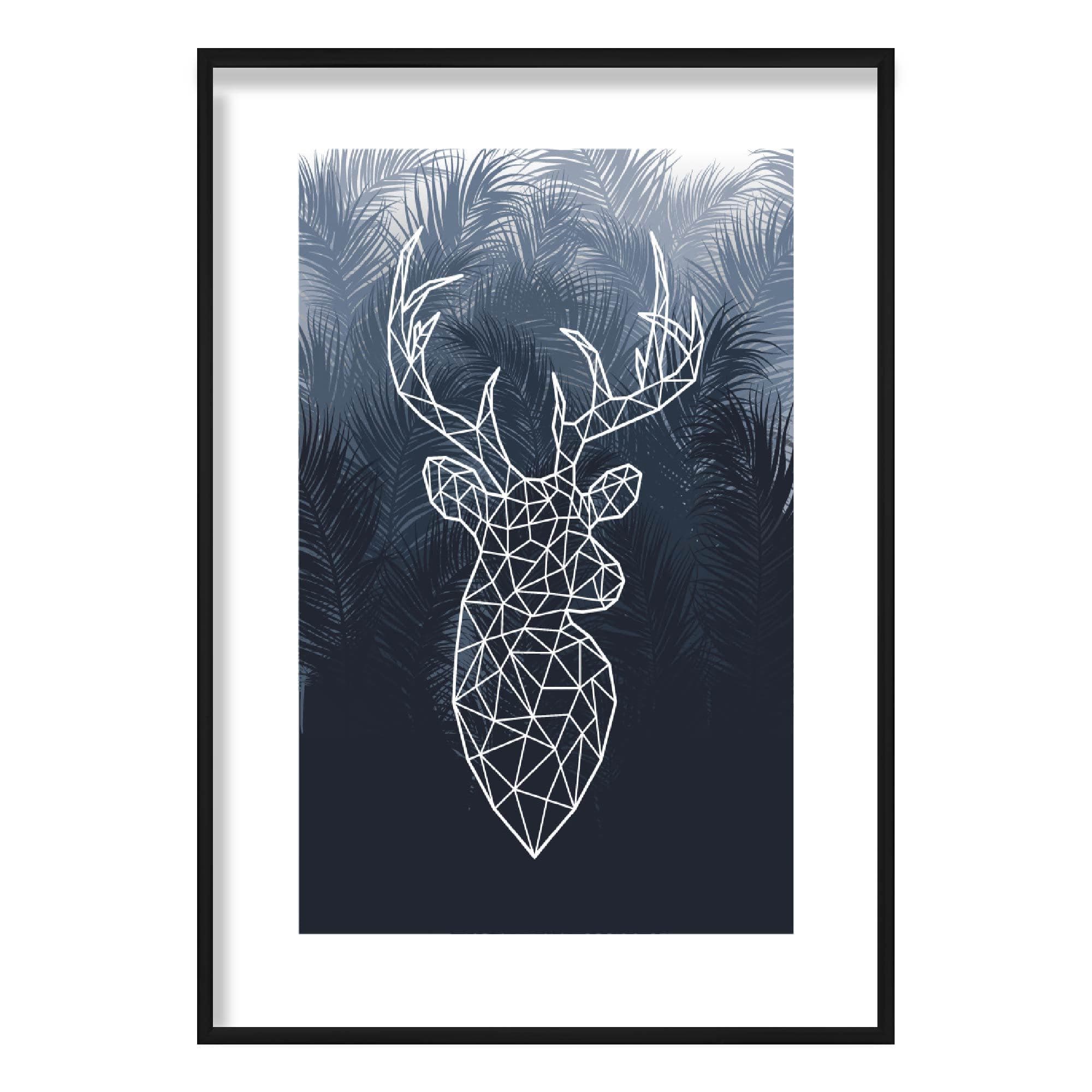 Stag Head with Navy Palms Geometric Art Print