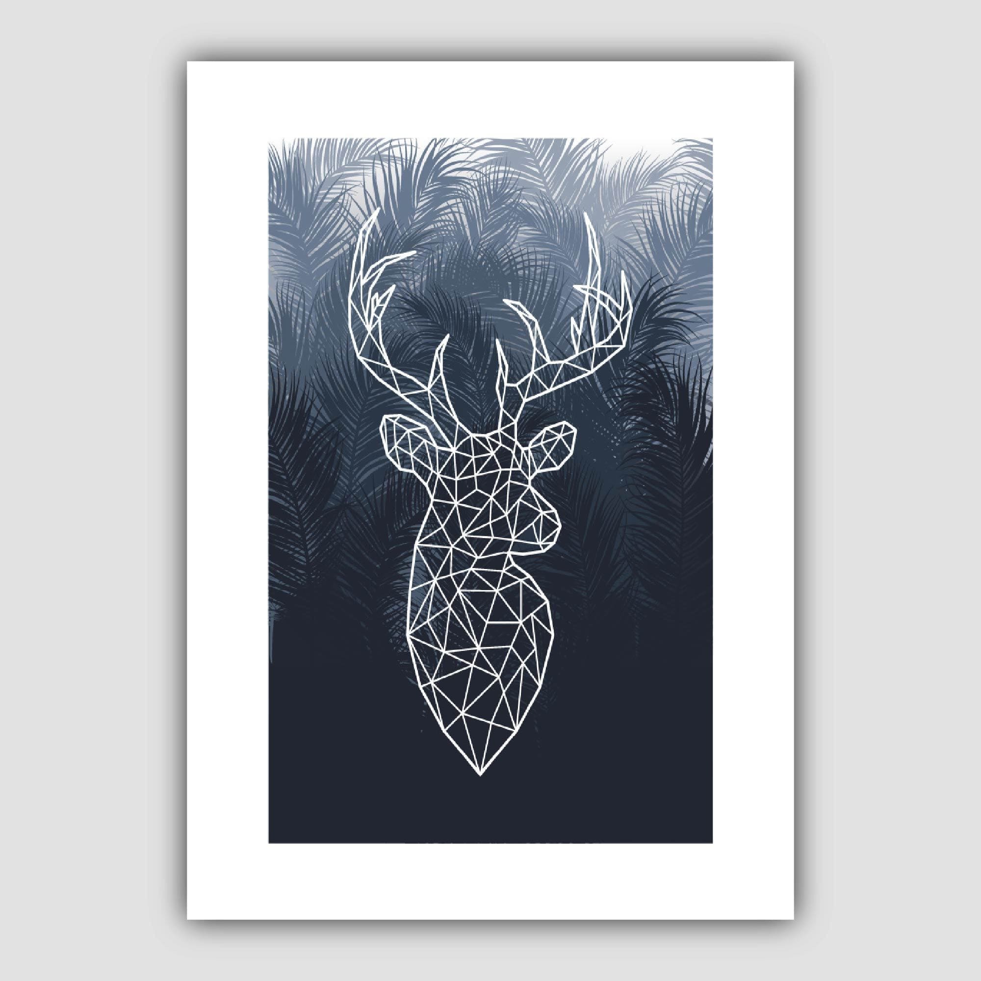 Stag Head with Navy Palms Geometric Art Print