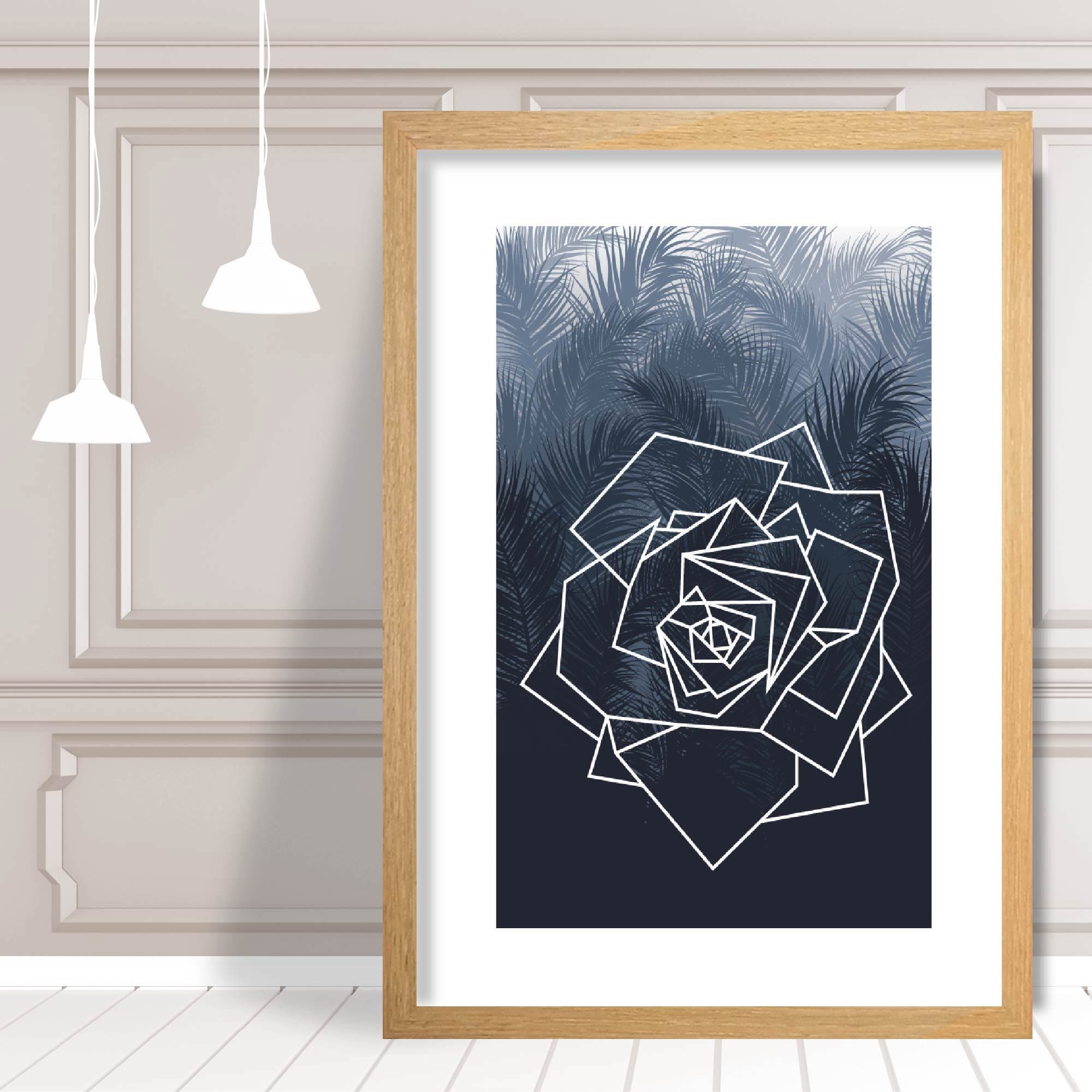 Geometric Rose Floral with Navy Palms Art Print