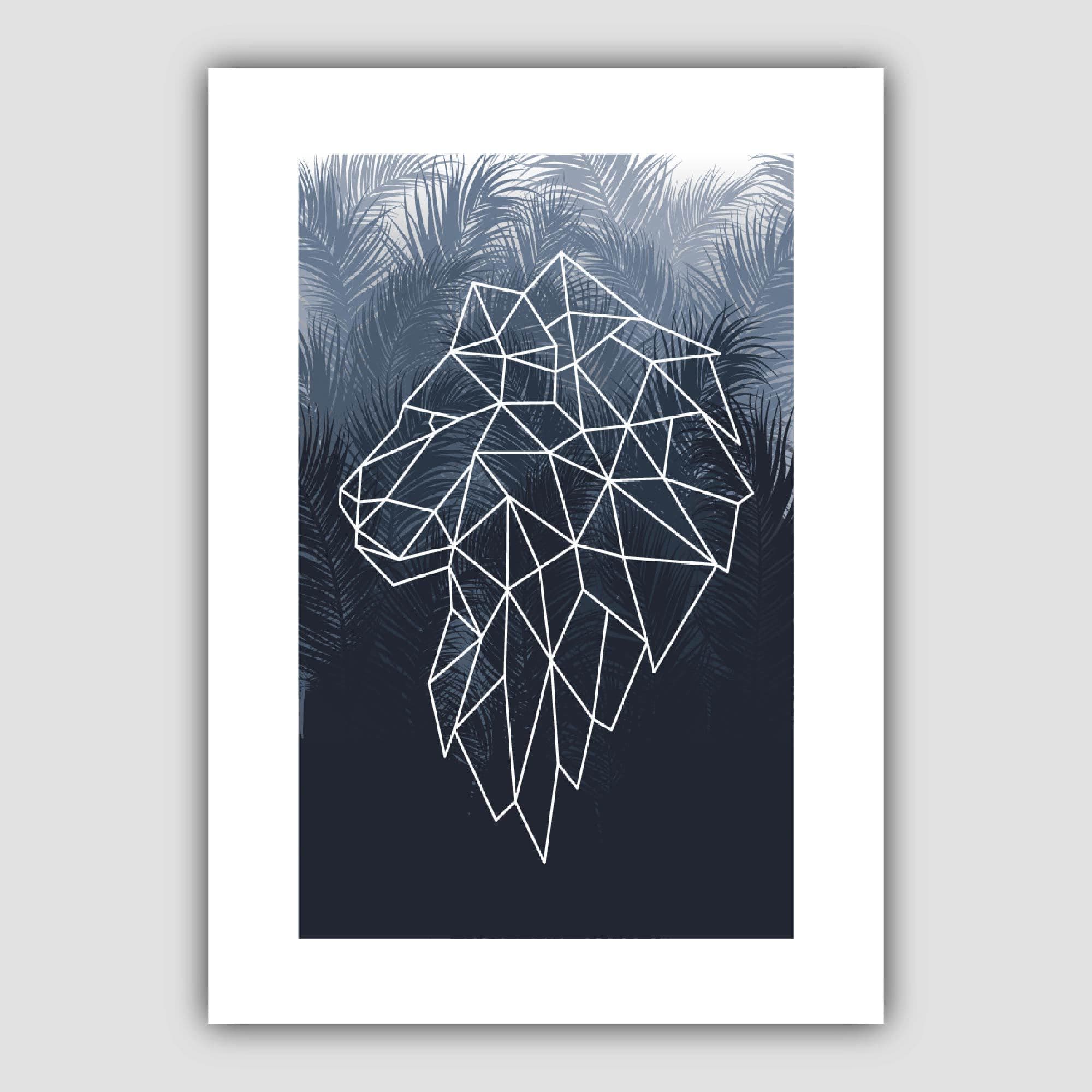 Geometric Lion Head with Navy Palms Art Print