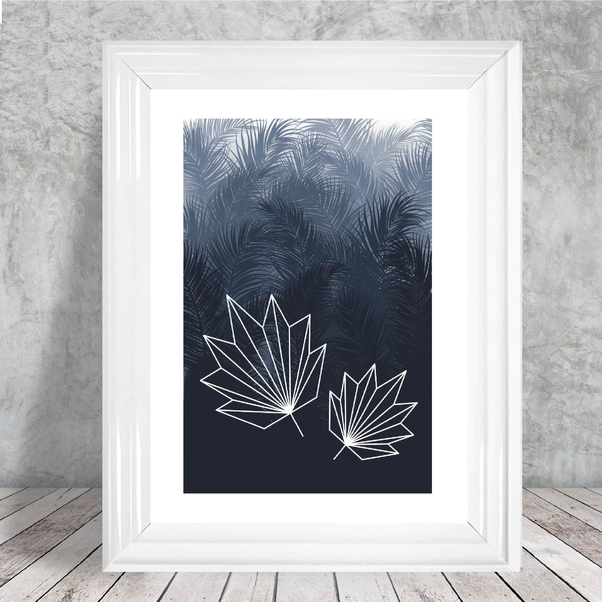 Geometric Fern Leaf with Navy Palms Art Print