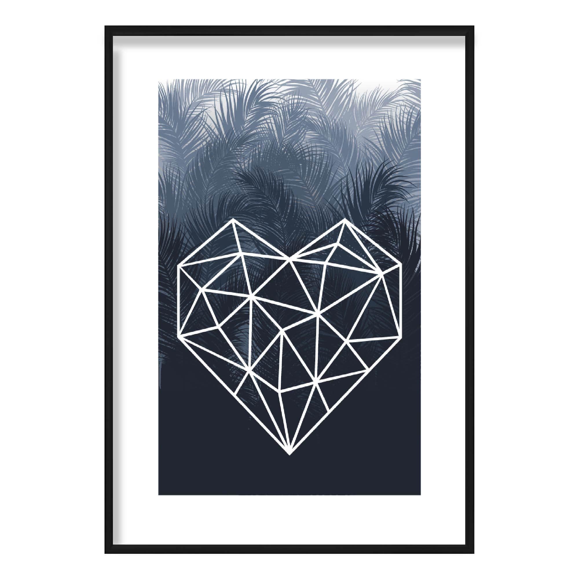 Geometric Love Heart with Navy Palms Art Print