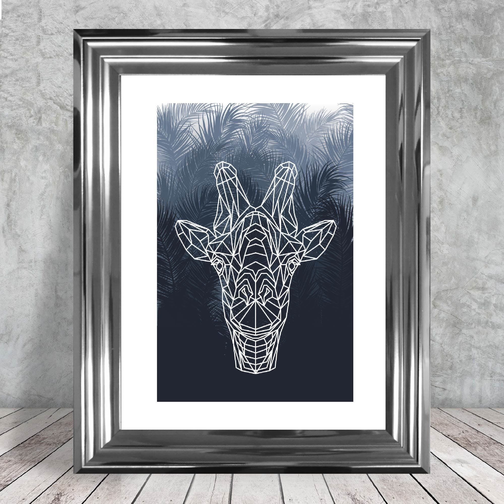 Geometric Giraffe Head with Navy Palms Art Print