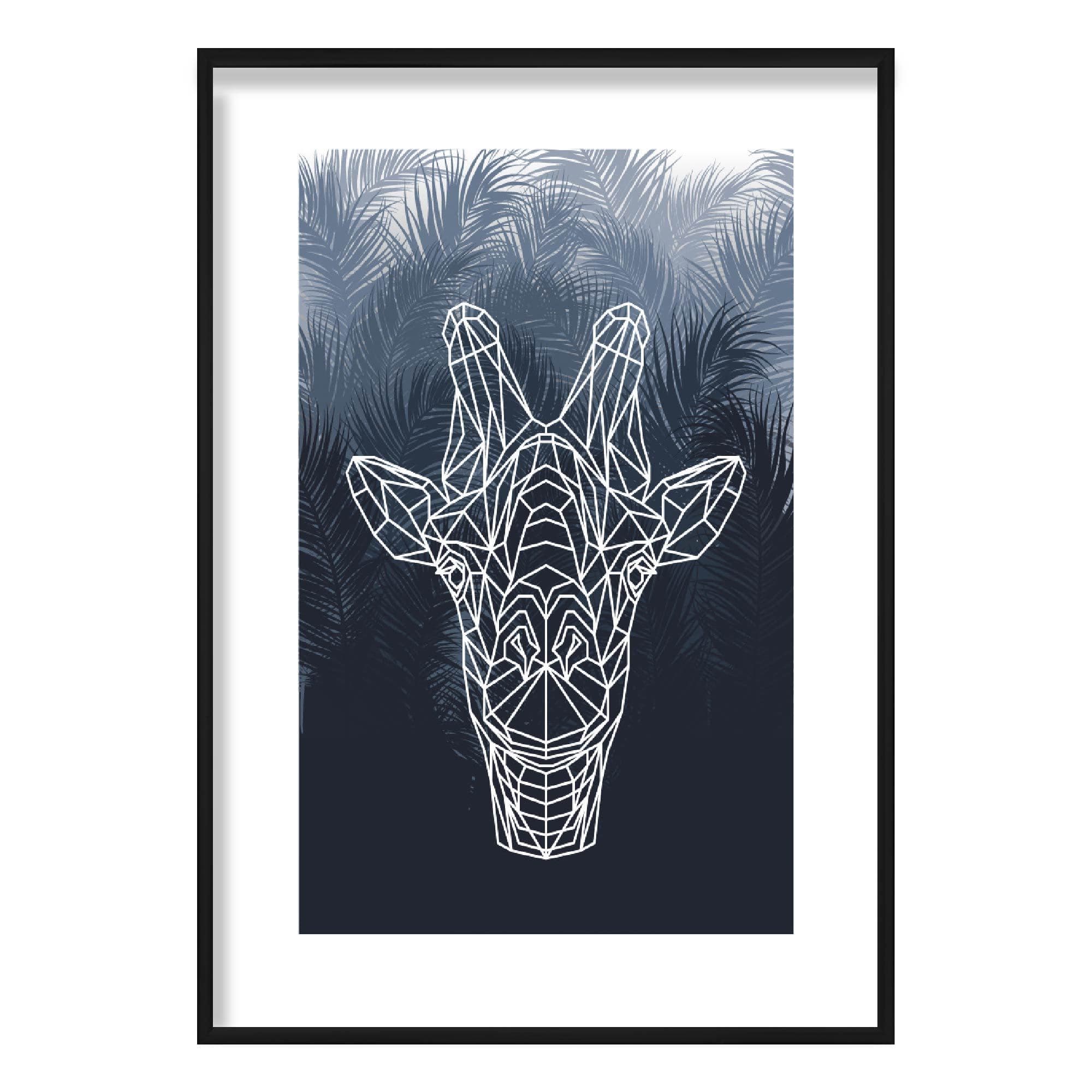 Geometric Giraffe Head with Navy Palms Art Print