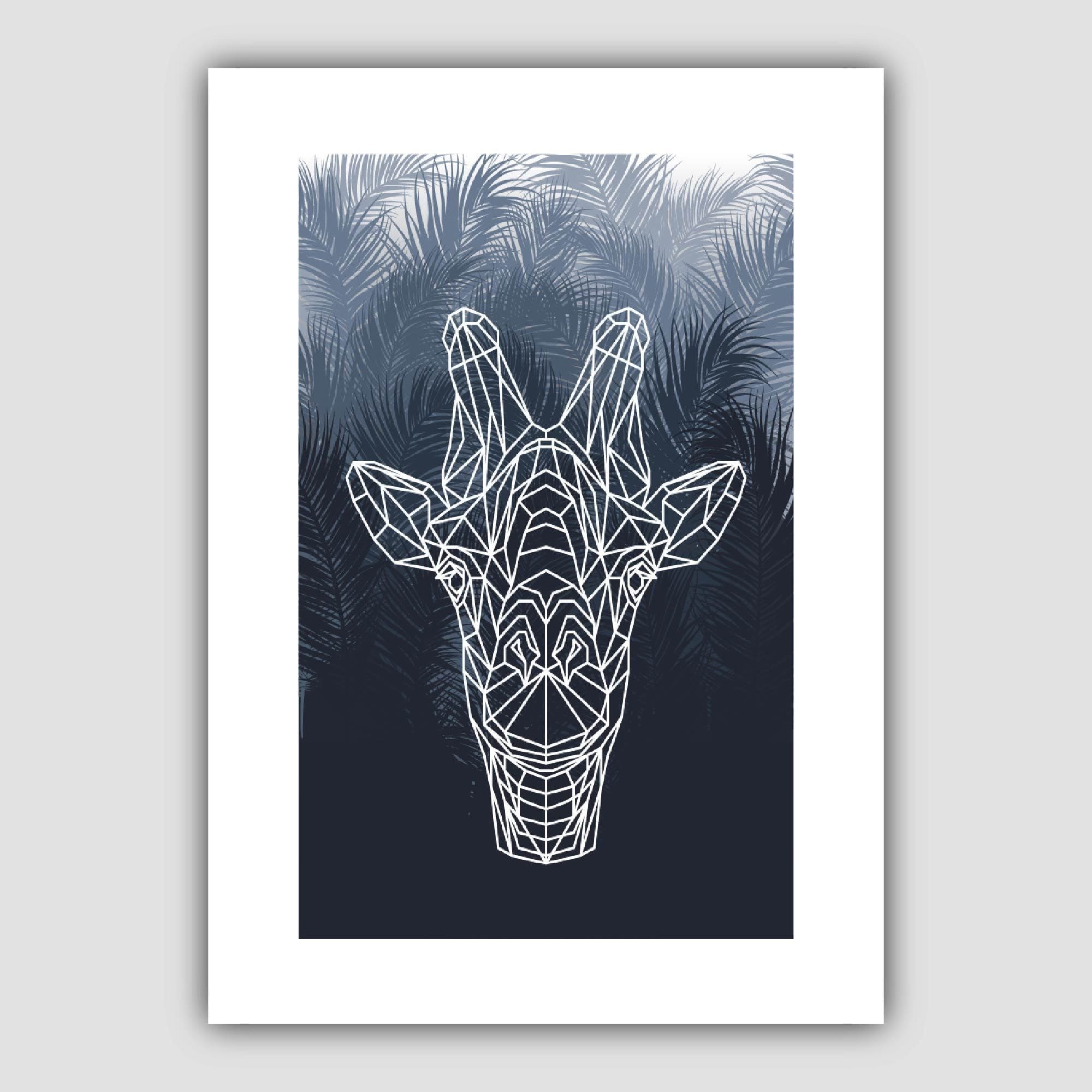 Geometric Giraffe Head with Navy Palms Art Print
