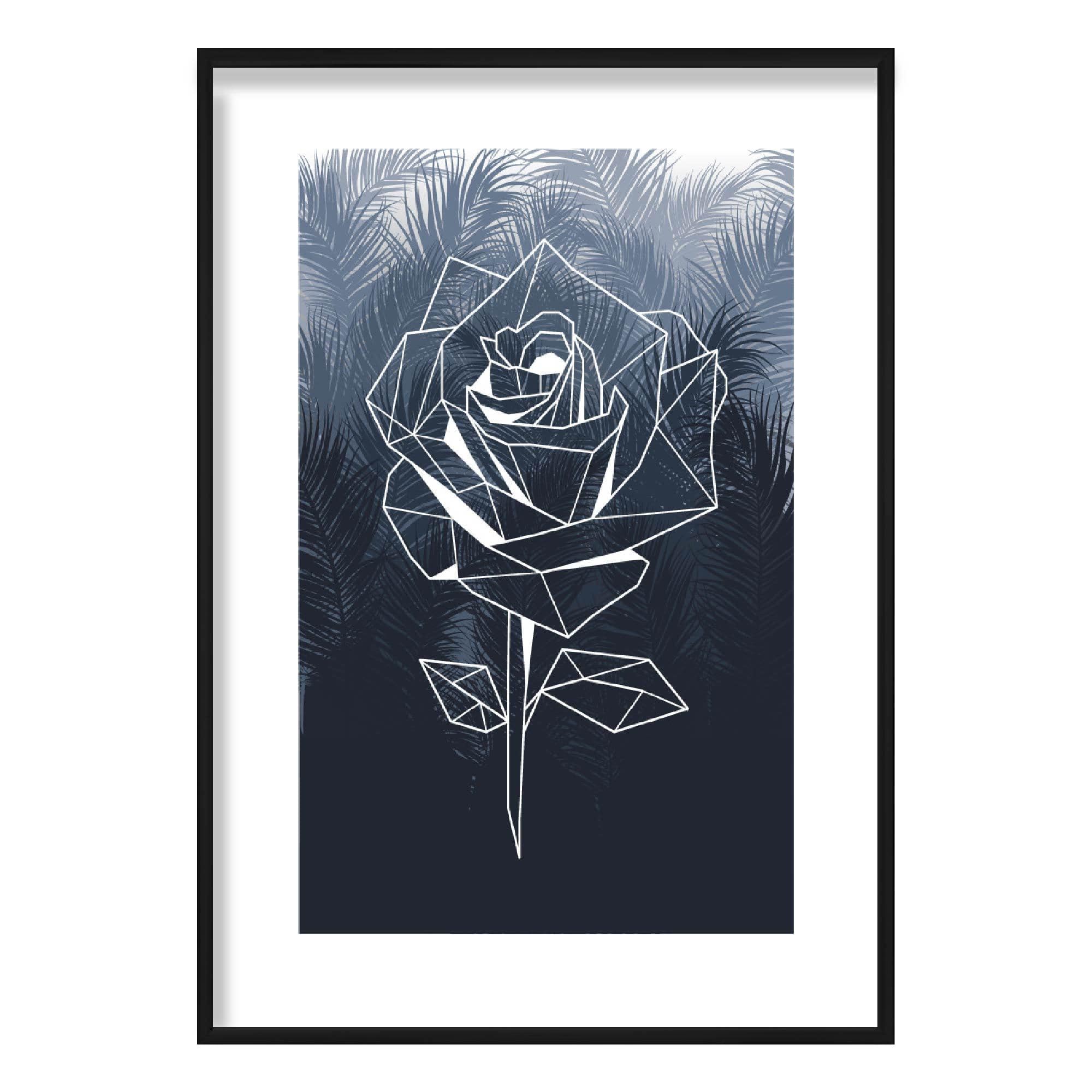 Geometric Floral Rose with Navy Palms Art Print