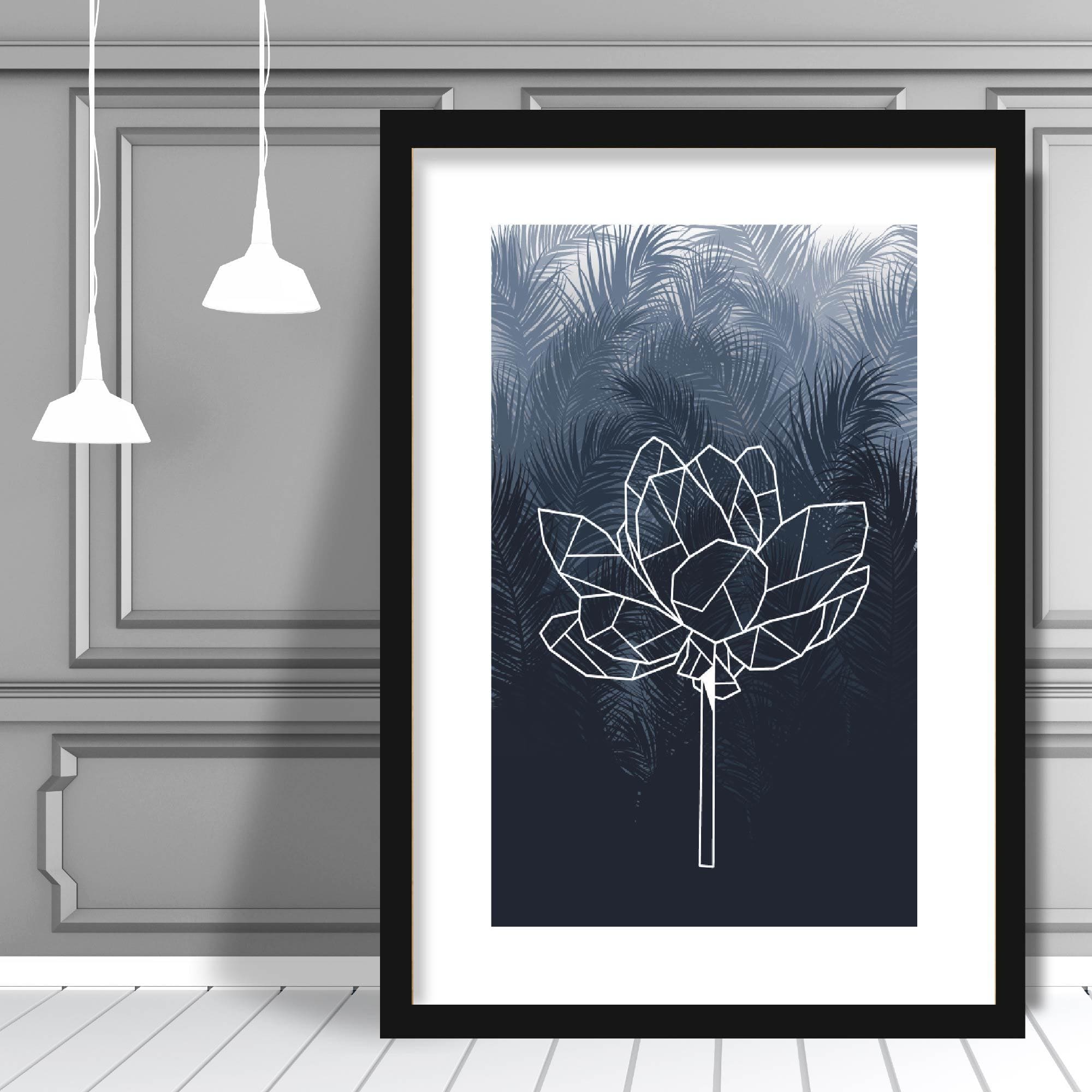 Geometric Peony Floral with Navy Palms Art Print