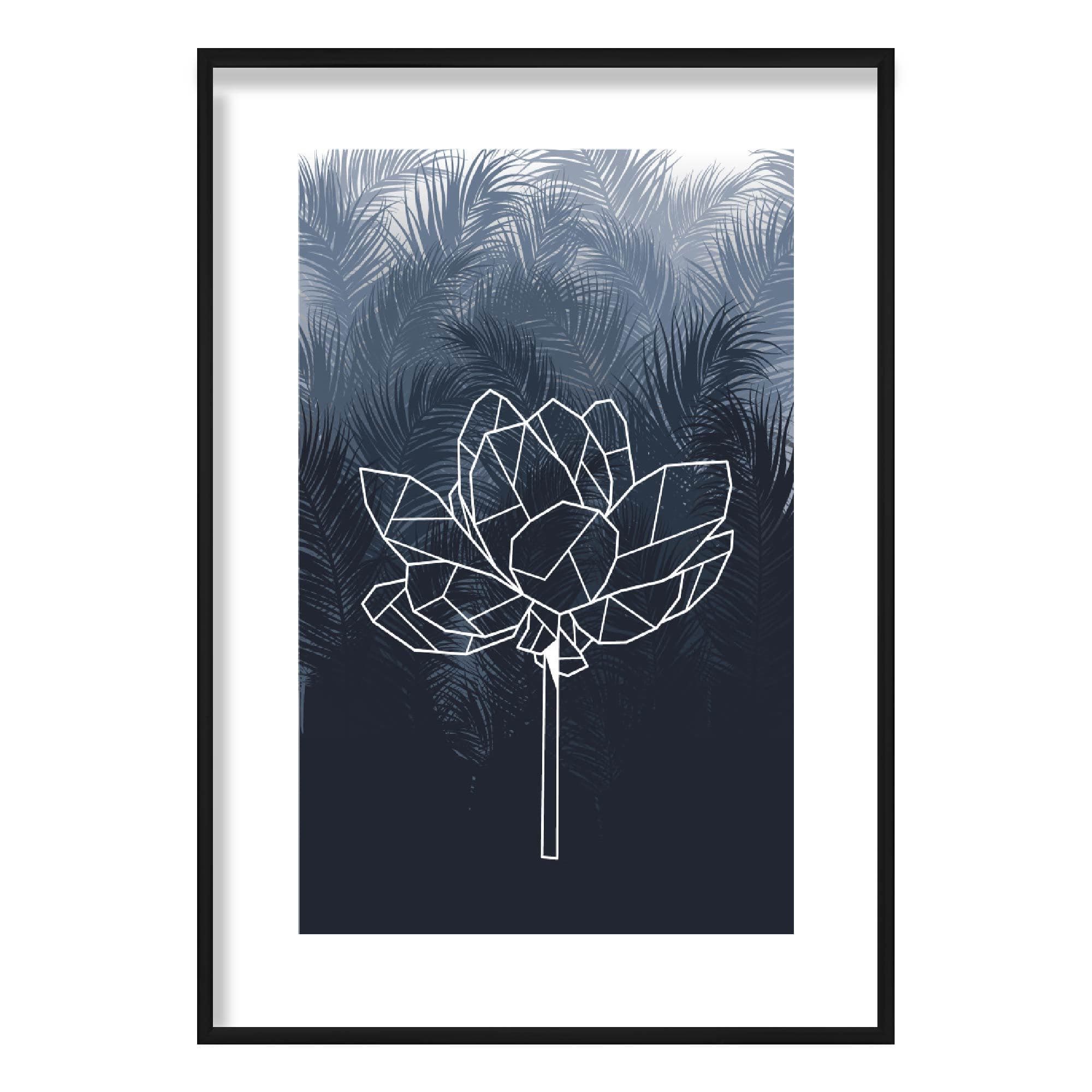 Geometric Peony Floral with Navy Palms Art Print