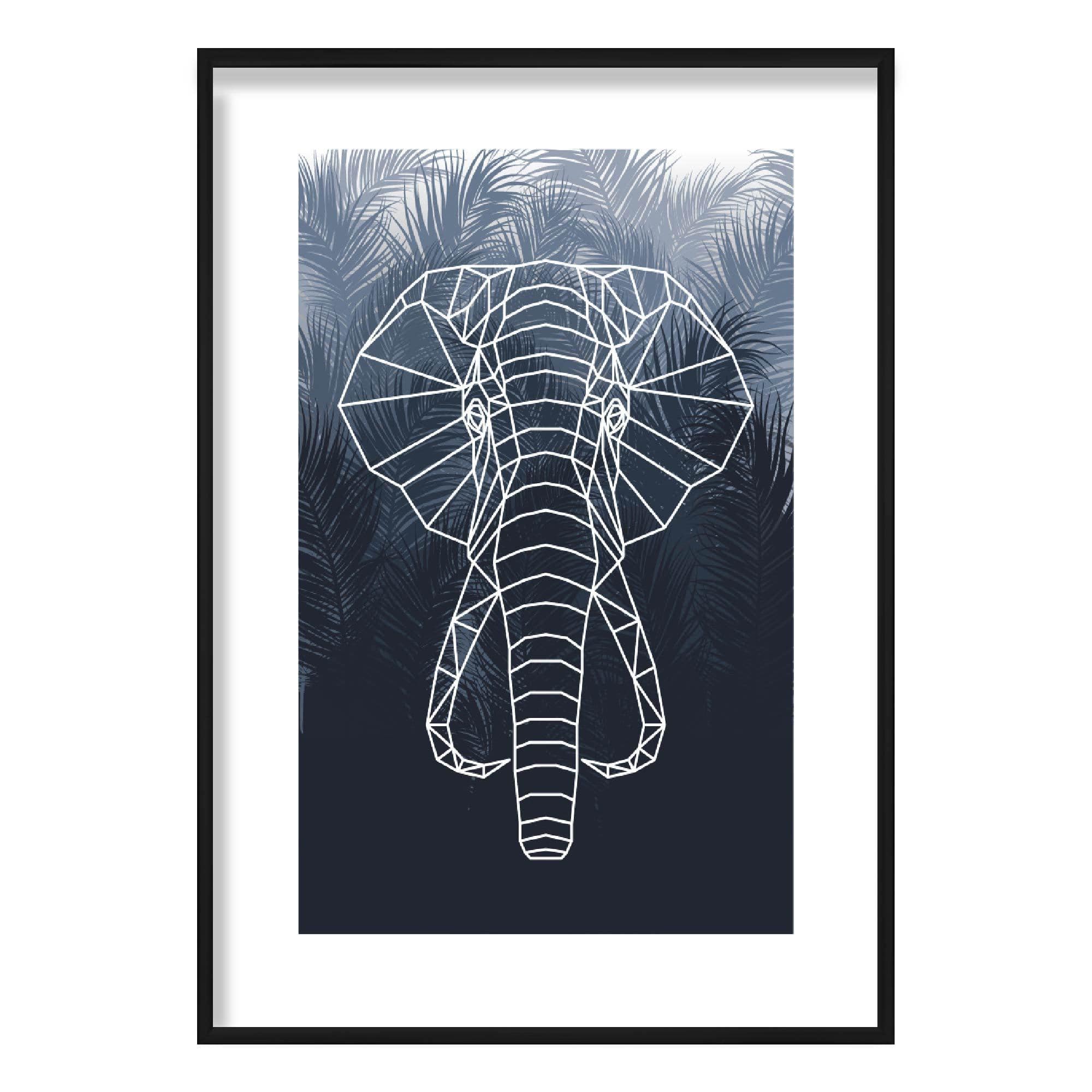 Geometric Elephant Head with Navy Palms Art Print