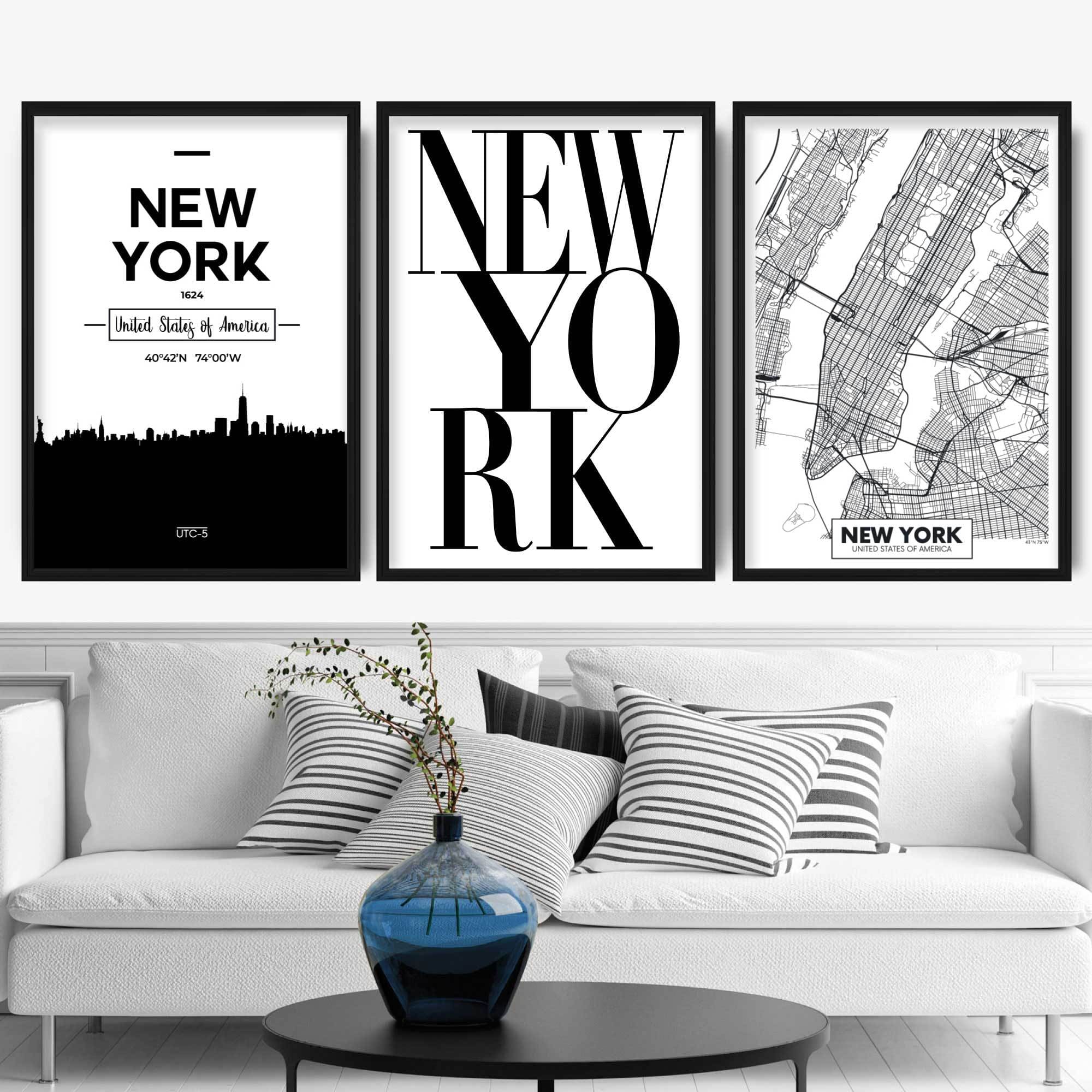 Set of 3 New York Skyline Street Map City Prints
