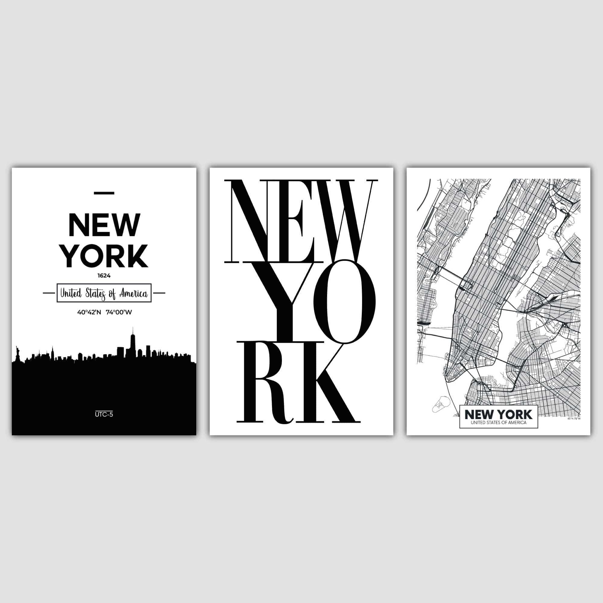 Set of 3 New York Skyline Street Map City Prints