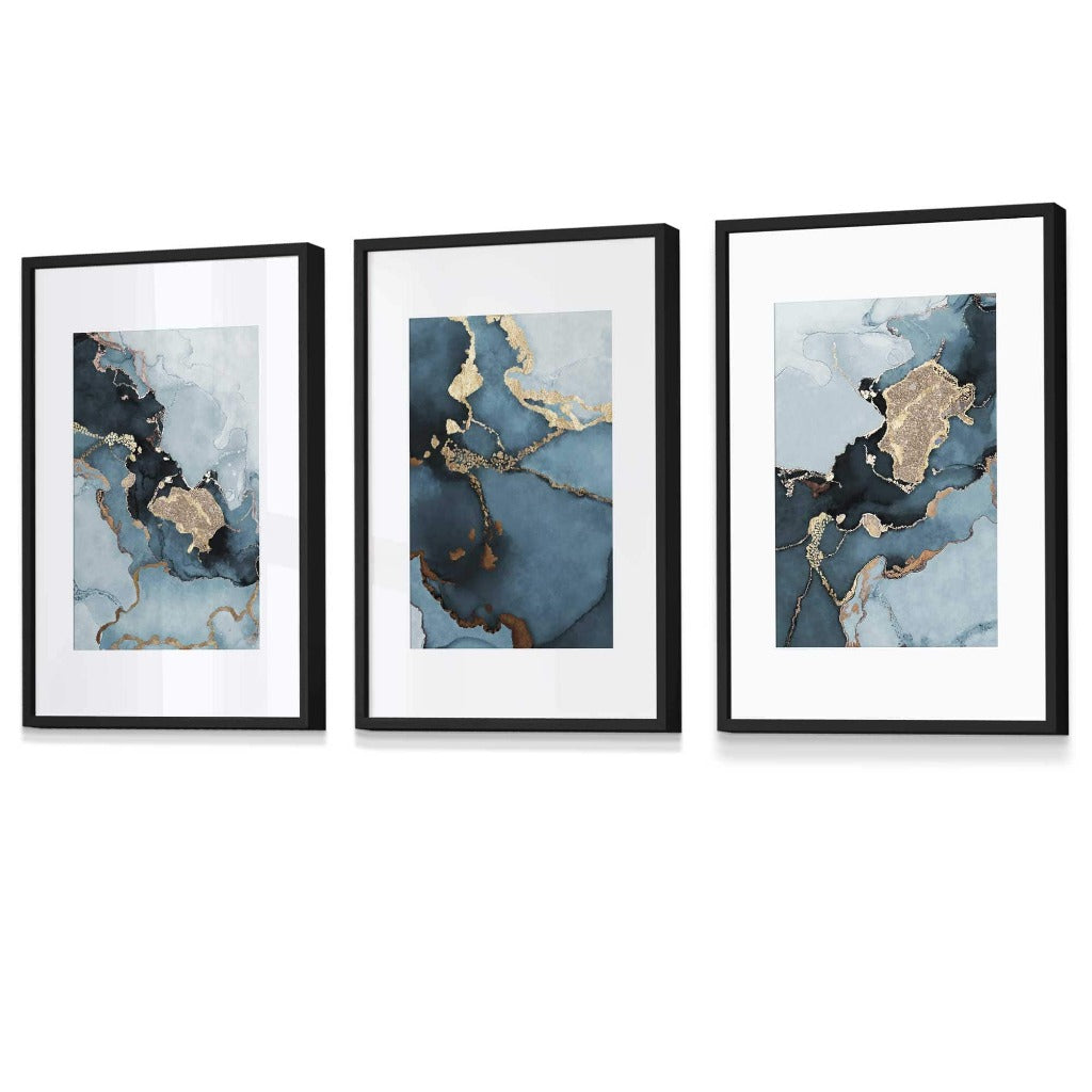 Set of 3 Abstract Teal Blue and Gold Framed Wall Art Prints | Artze Wall Art UK