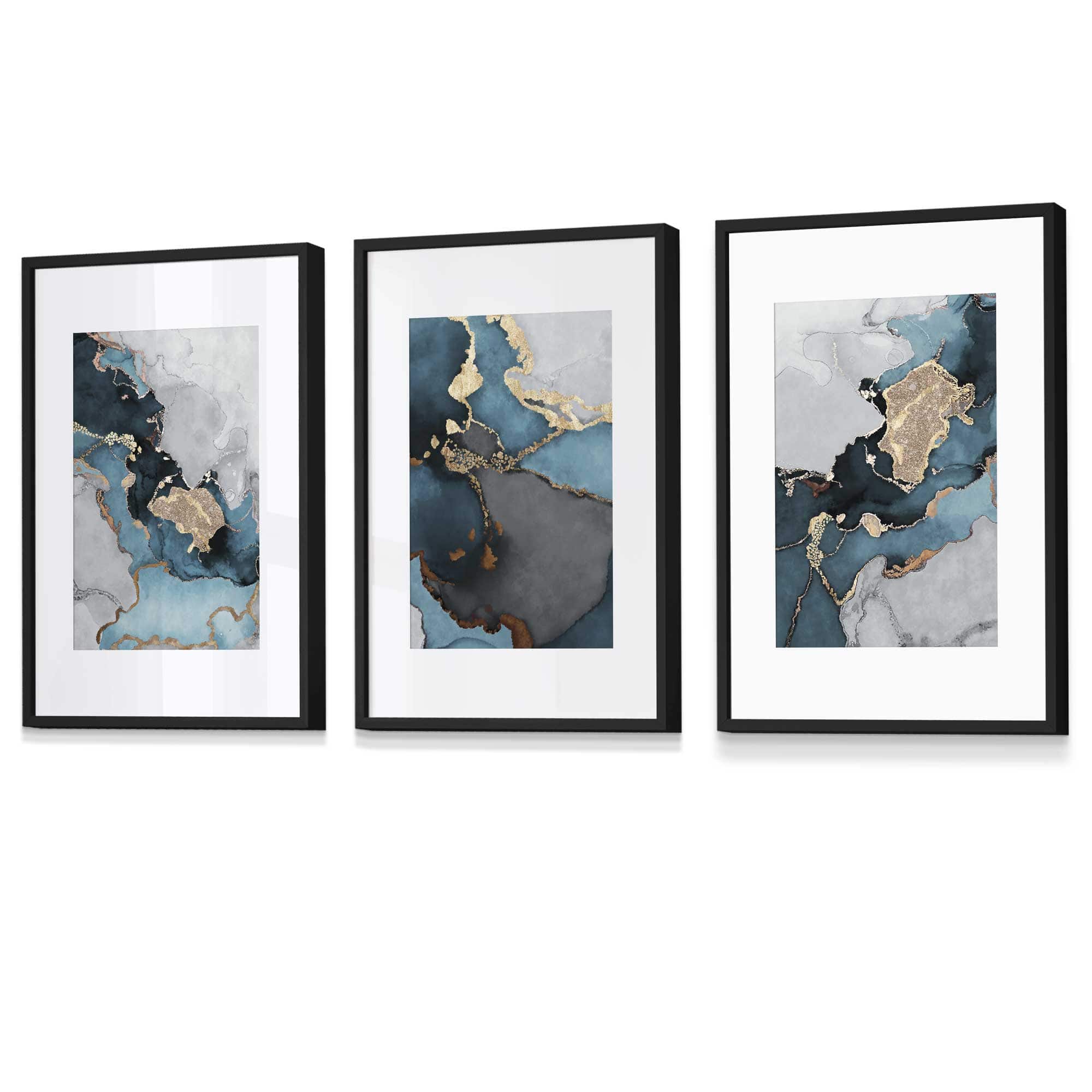 Set of 3 Abstract Art Framed / Prints of Paintings Teal Blue Grey and Gold | Artze Wall Art UK