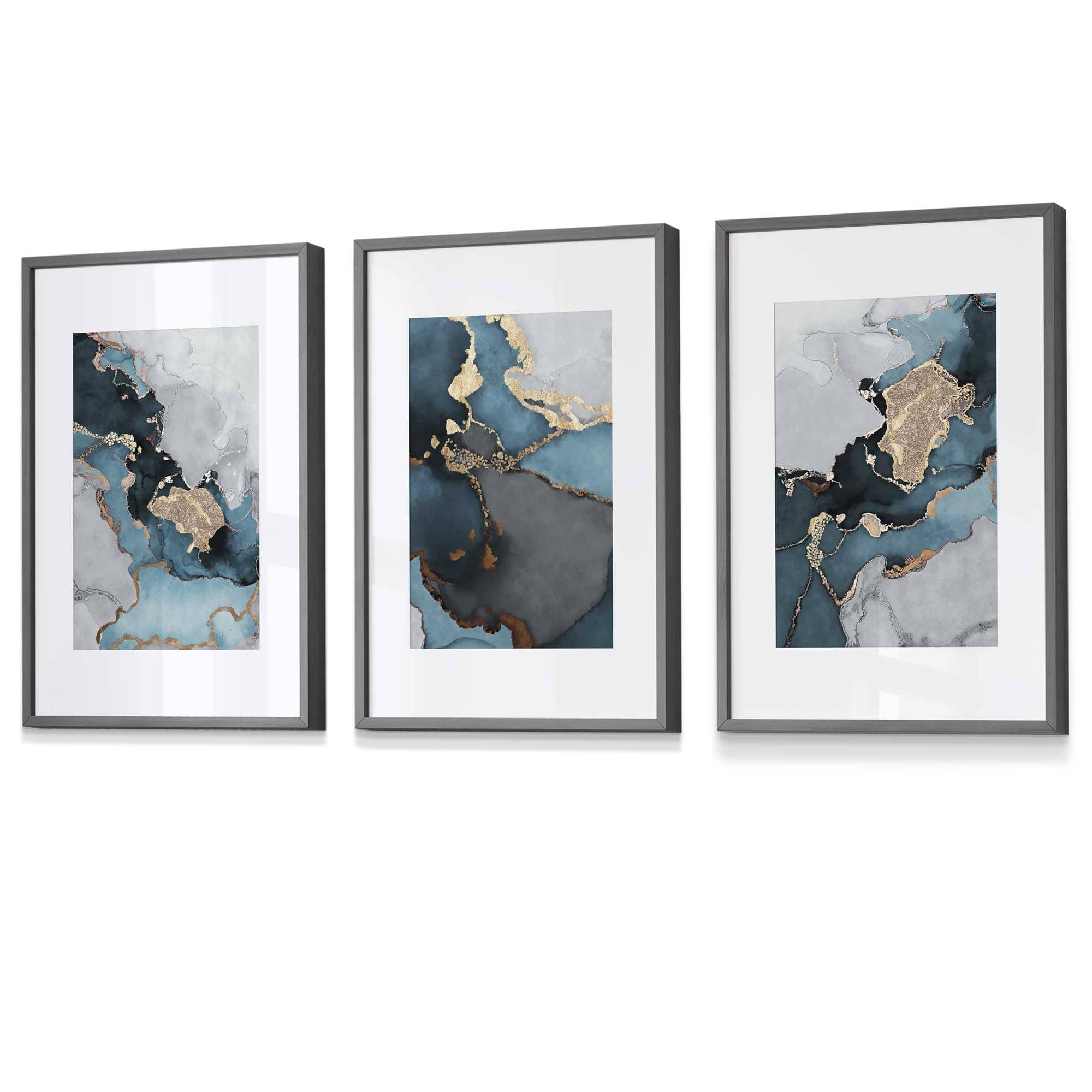 Set of 3 Abstract Art Framed / Prints of Paintings Teal Blue Grey and Gold | Artze Wall Art UK