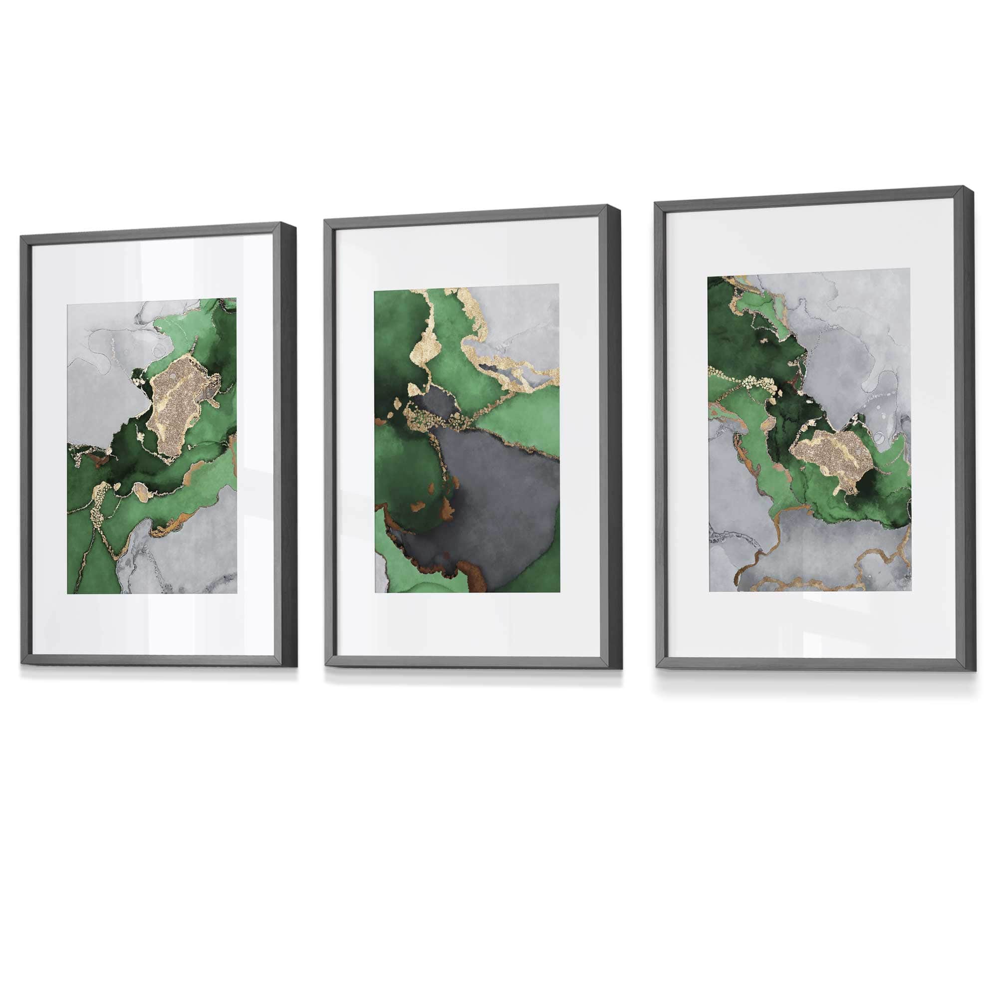 Framed Set of 3 Abstract Art Prints of Paintings Green Grey and Gold | Artze Wall Art UK