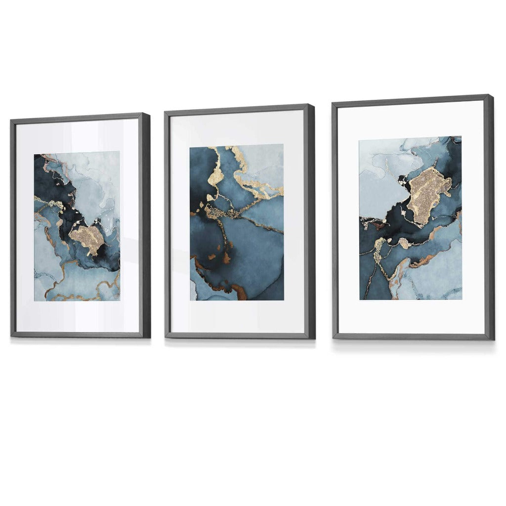 Set of 3 Abstract Teal Blue and Gold Framed Wall Art Prints | Artze Wall Art UK