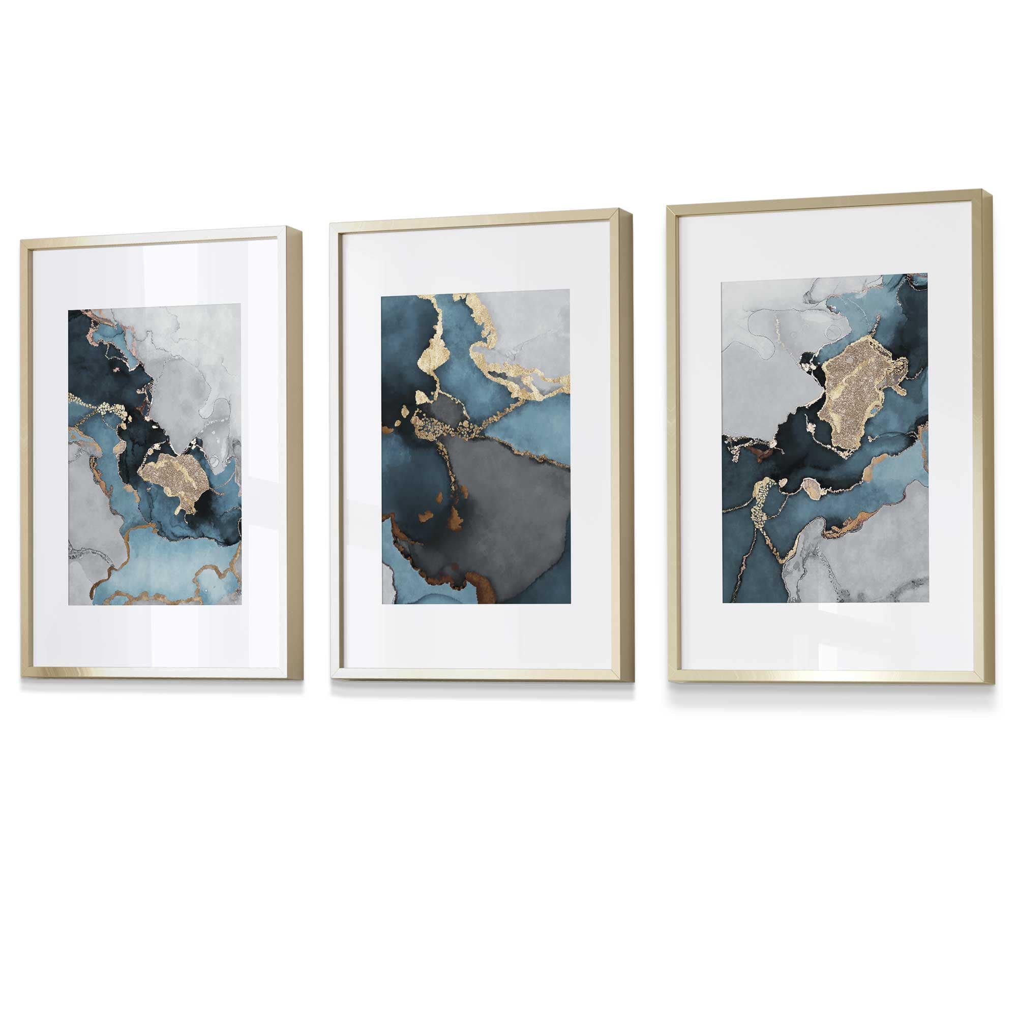 Set of 3 Abstract Art Framed / Prints of Paintings Teal Blue Grey and Gold | Artze Wall Art UK