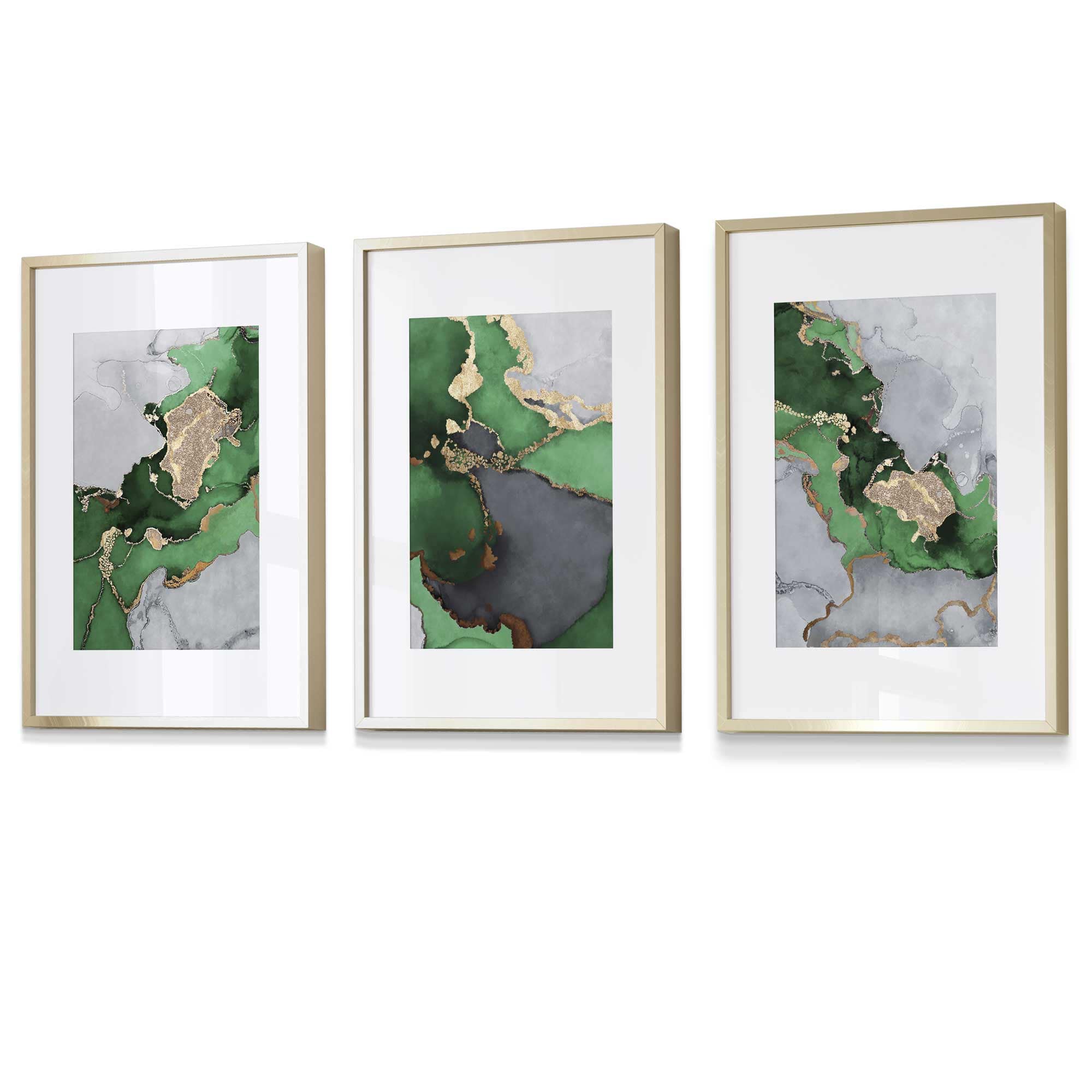 Framed Set of 3 Abstract Art Prints of Paintings Green Grey and Gold | Artze Wall Art UK