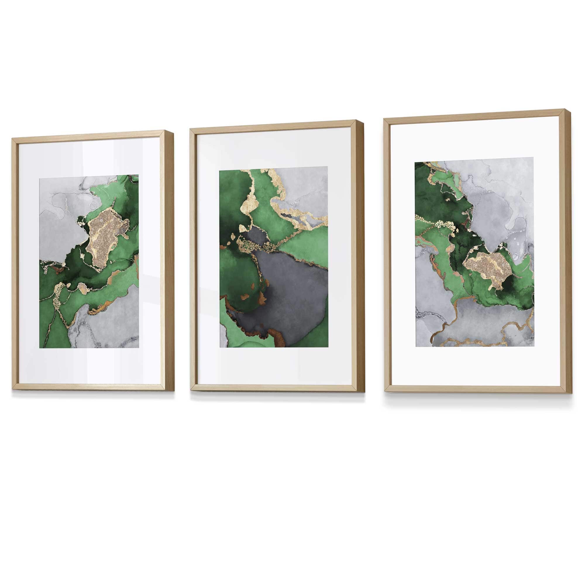 Framed Set of 3 Abstract Art Prints of Paintings Green Grey and Gold | Artze Wall Art UK
