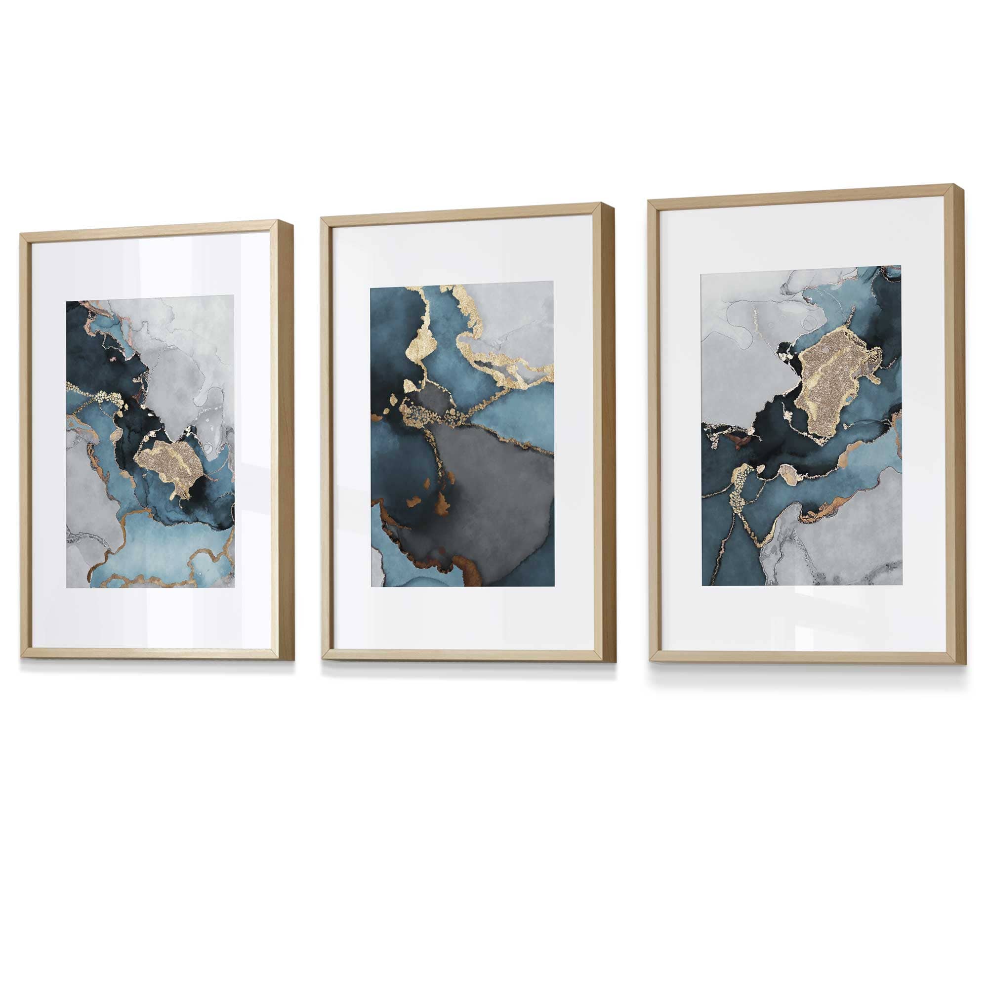 Set of 3 Abstract Art Framed / Prints of Paintings Teal Blue Grey and Gold | Artze Wall Art UK