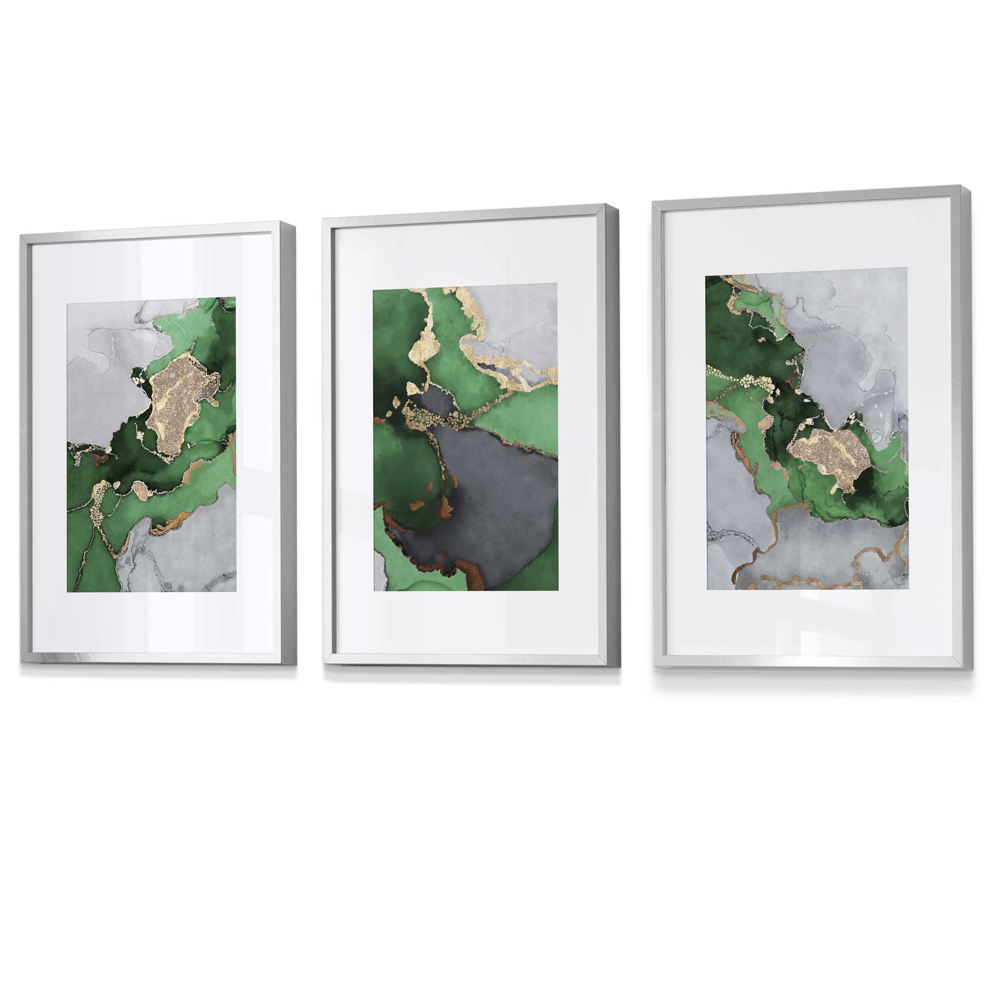 Framed Set of 3 Abstract Art Prints of Paintings Green Grey and Gold | Artze Wall Art UK