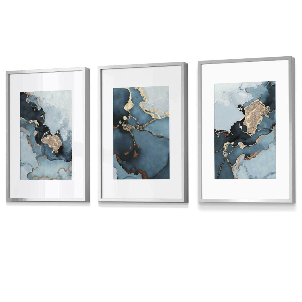 Set of 3 Abstract Teal Blue and Gold Framed Wall Art Prints | Artze Wall Art UK