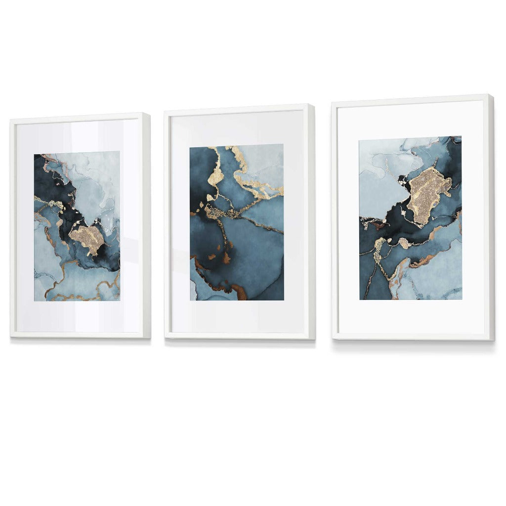 Set of 3 Abstract Teal Blue and Gold Framed Wall Art Prints | Artze Wall Art UK