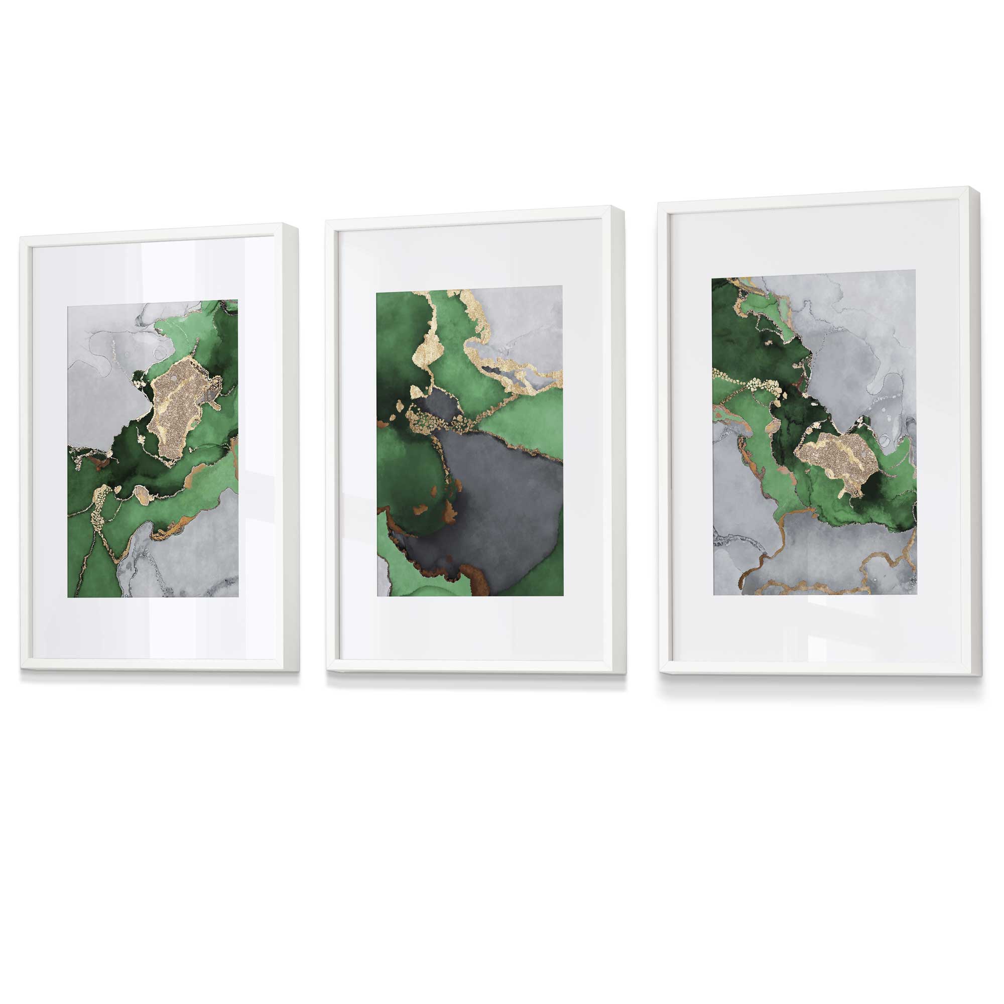 Framed Set of 3 Abstract Art Prints of Paintings Green Grey and Gold | Artze Wall Art UK