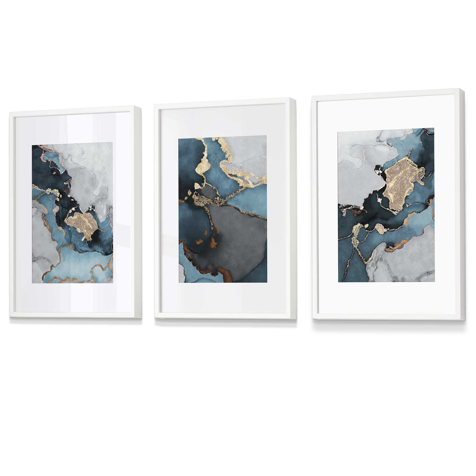 Set of 3 Abstract Art Framed / Prints of Paintings Teal Blue Grey and Gold | Artze Wall Art UK