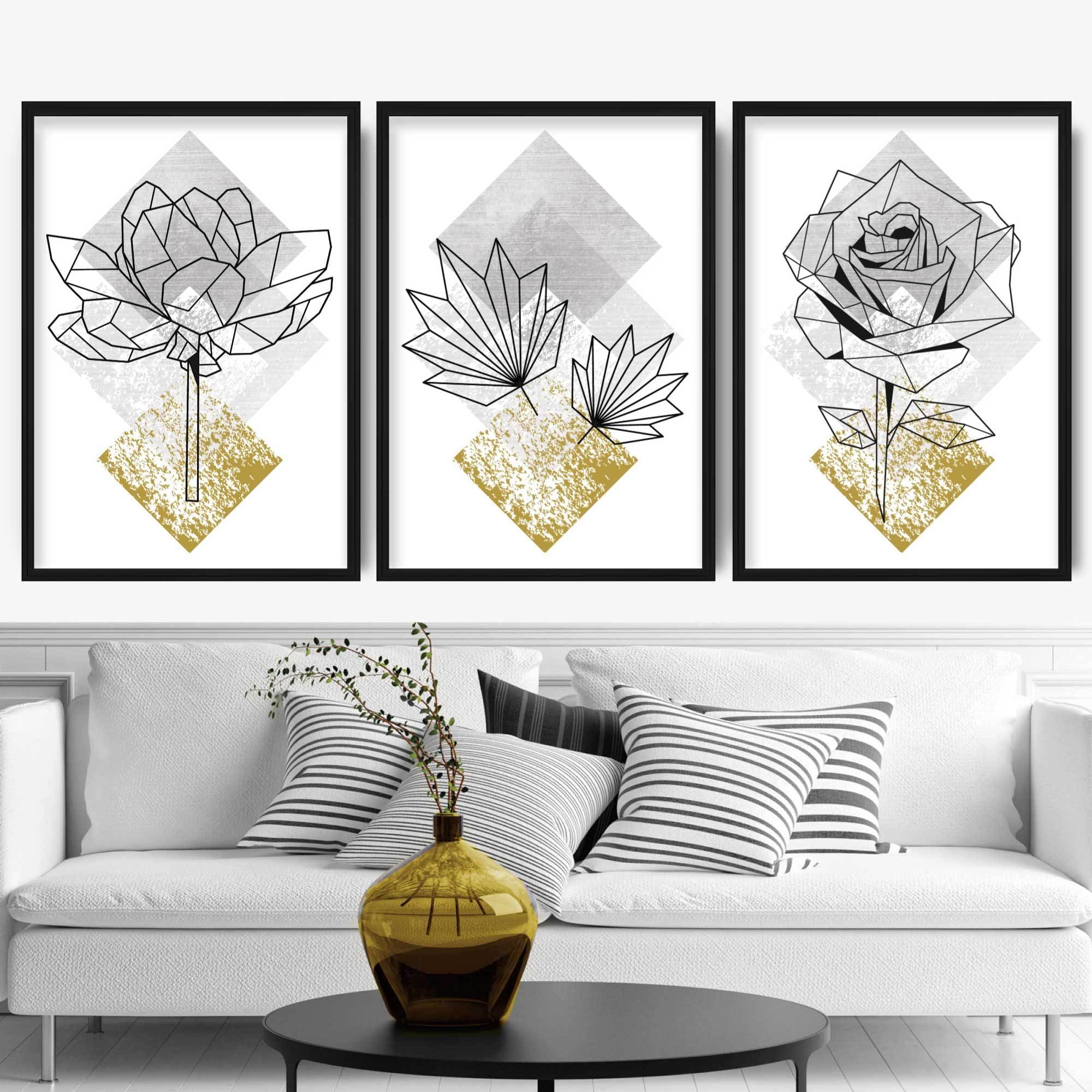 Set of 3 Geometric Yellow Floral Art Prints