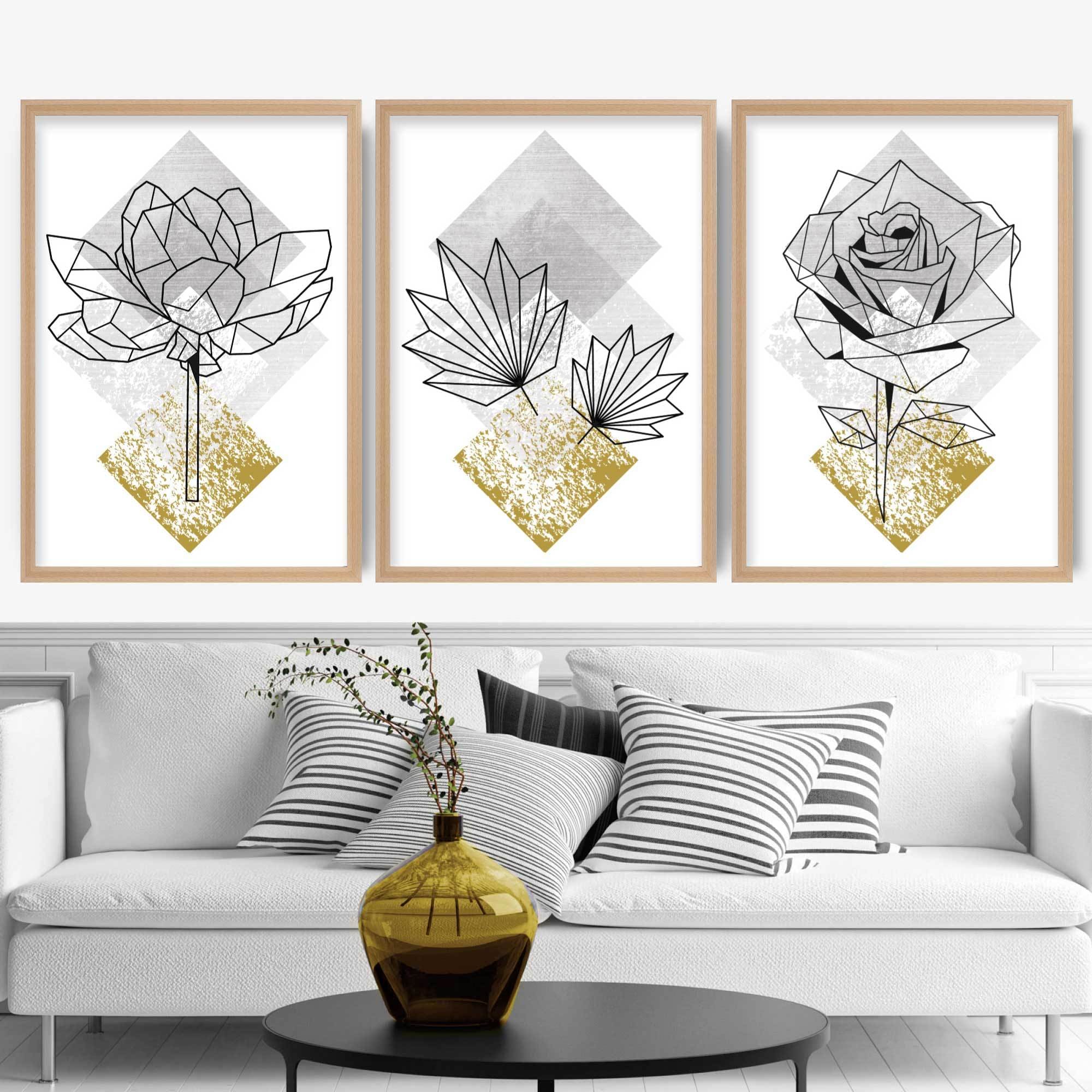 Set of 3 Geometric Yellow Floral Art Prints