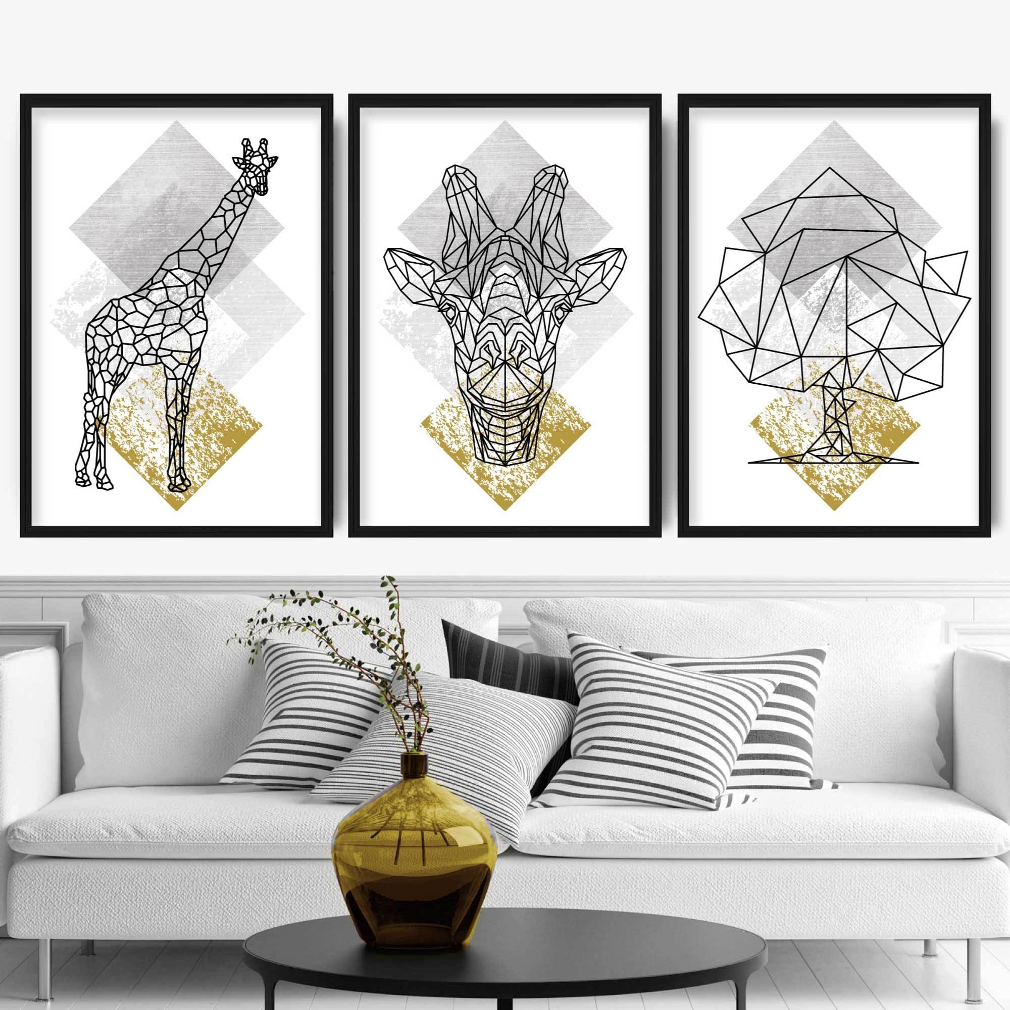 Set of 3 Geometric Yellow Giraffe and Tree Art Prints