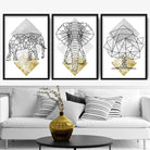 Set of 3 Geometric Yellow Elephant and Tree Art Prints
