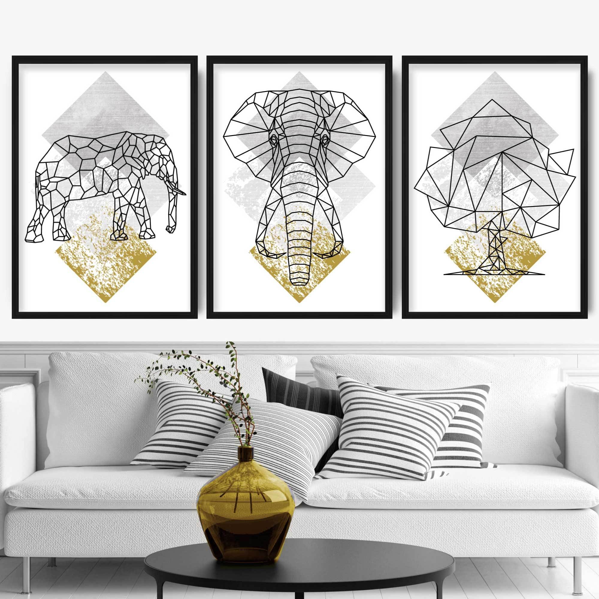 Set of 3 Geometric Yellow Elephant and Tree Art Prints