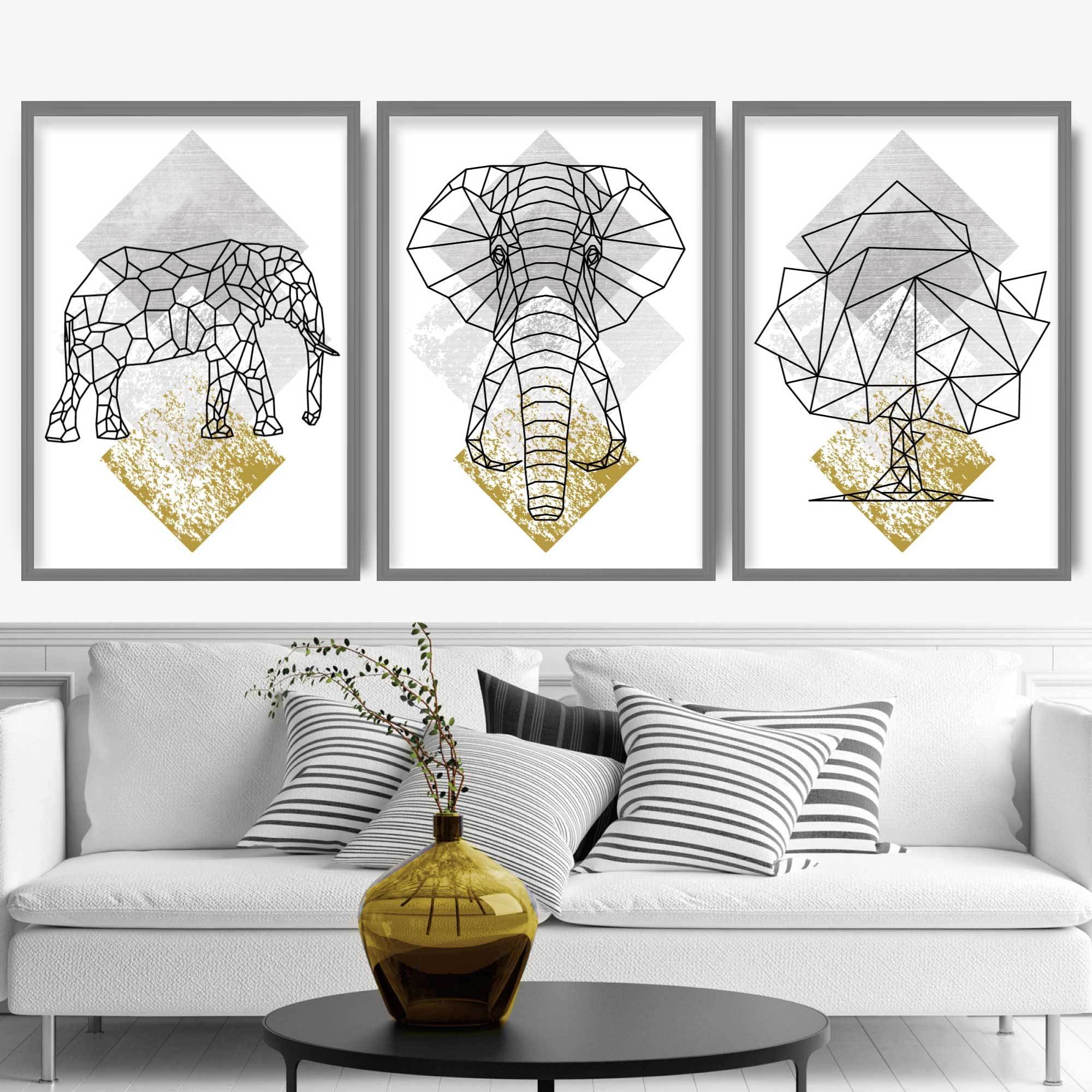 Set of 3 Geometric Yellow Elephant and Tree Art Prints