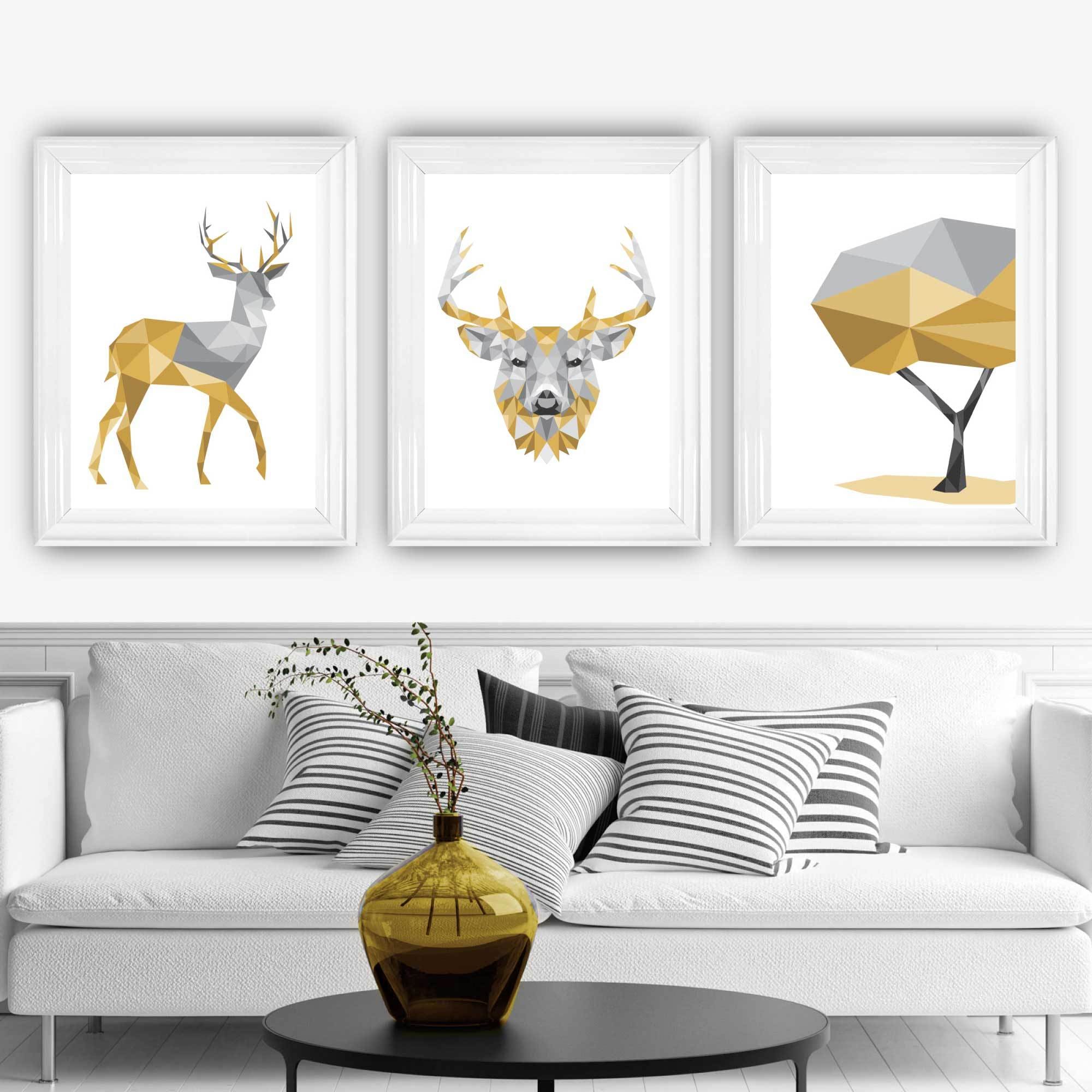 Set of 3 Art Prints Geometric Yellow STAG