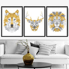 GEOMETRIC Set of 3 Yellow & Grey Art Prints Animal Heads Wolf Stag Lion