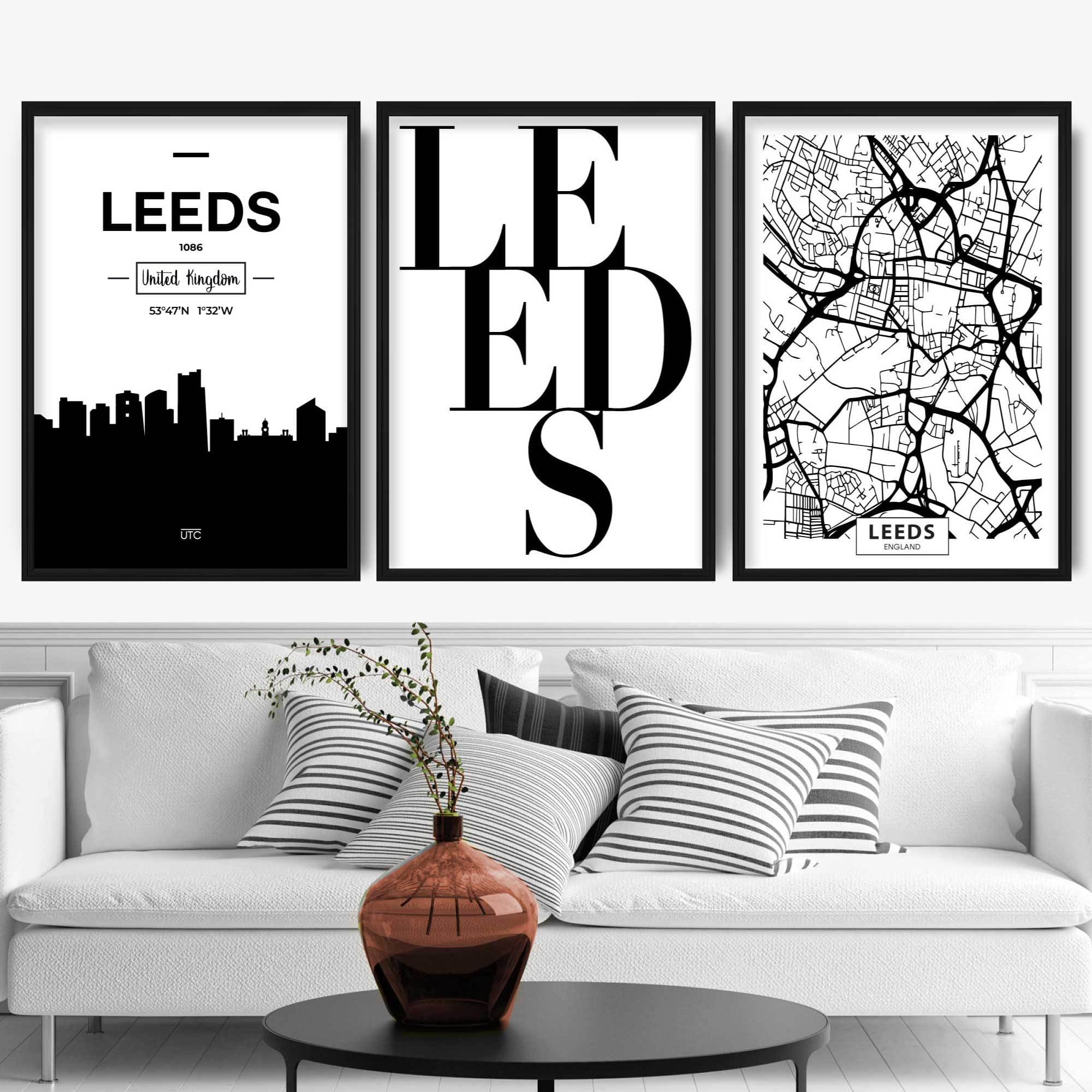 Set of 3 LEEDS Skyline Street map City Prints