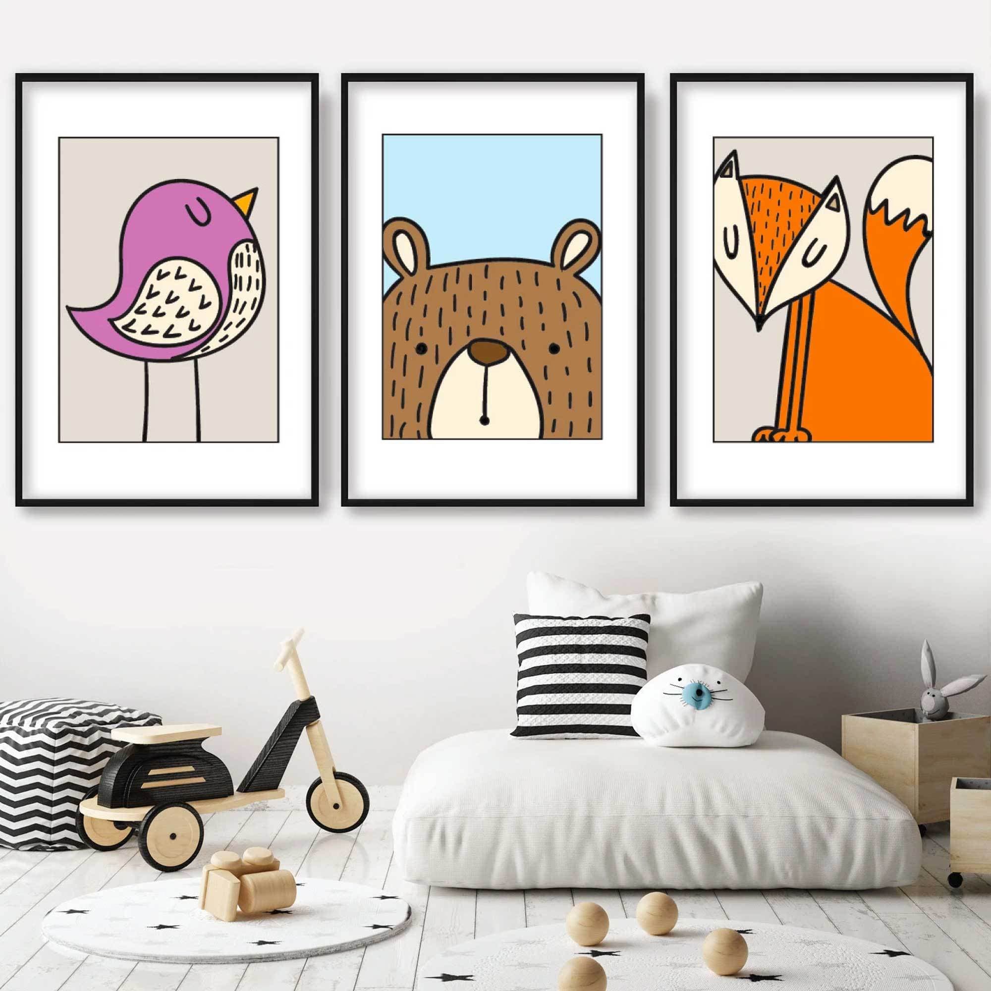 Nursery Set of 3 Art Prints Scandinavian Scandi Minimalist Animals Bird, Bear, Fox