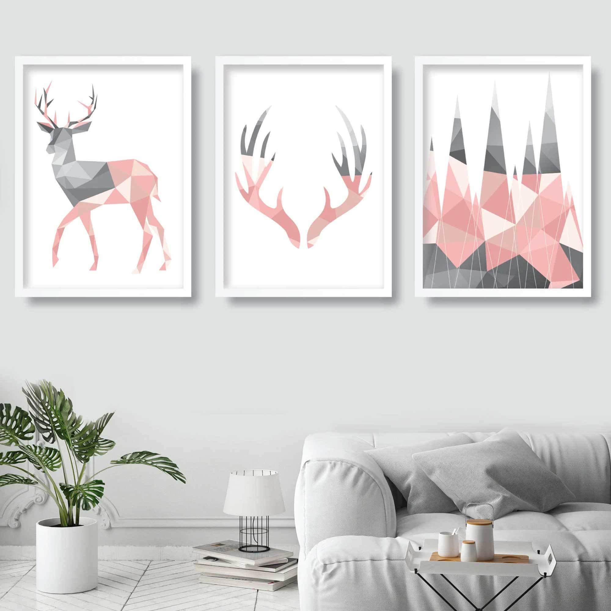 GEOMETRIC set of 3 Blush PINK & Grey Art Prints STAG Antlers and Forest