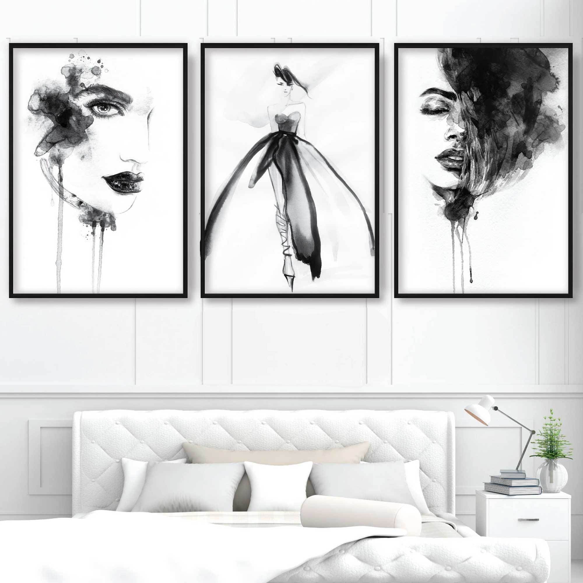 FASHION Set of 3 Black and White Wall Art Prints from Watercolour Illustrations